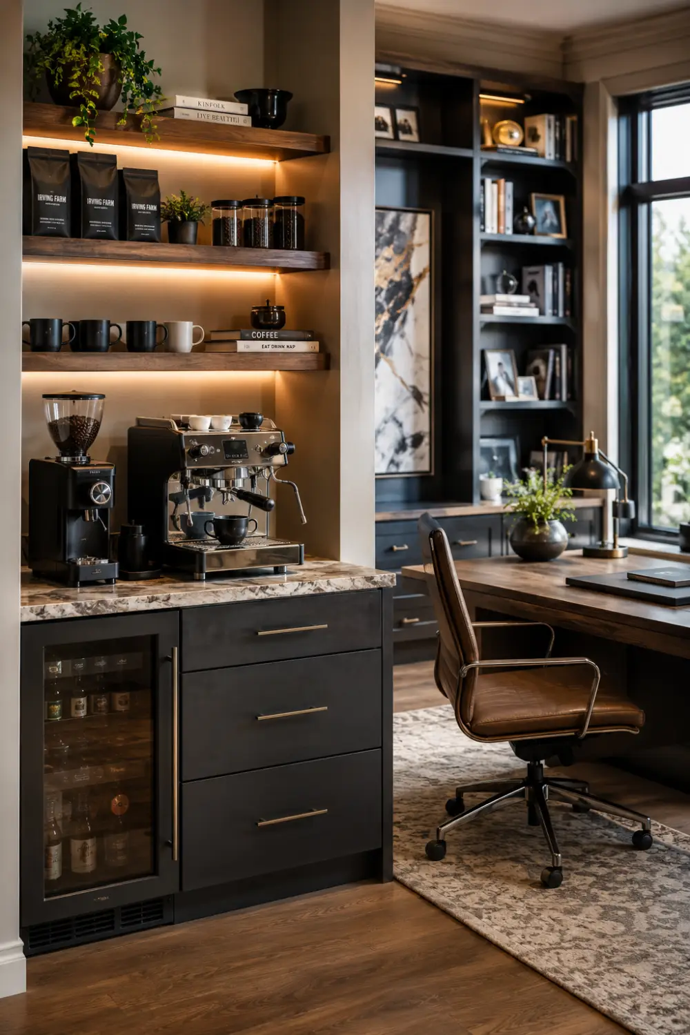 Home office coffee corner with custom cabinetry, floating shelves, espresso machine, coffee grinder, beverage fridge, workspace desk, warm lighting, and organized coffee accessories designed for remote work productivity.