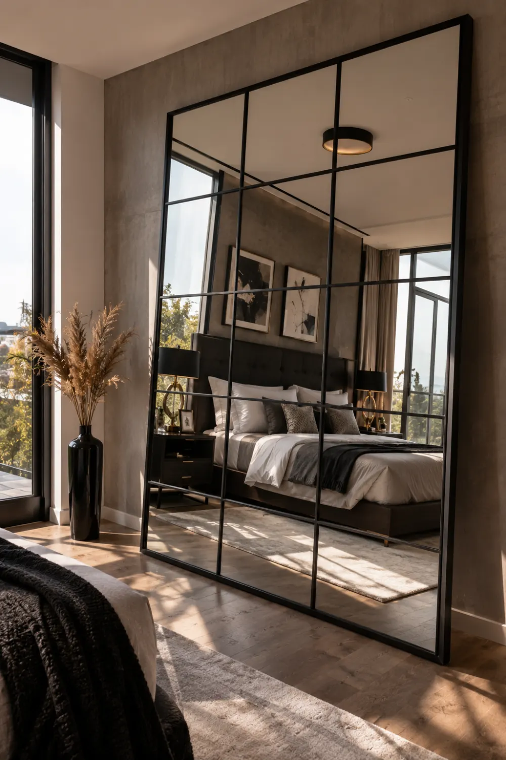 Oversized black grid window style mirror in a modern bedroom with industrial accents, natural sunlight, neutral decor, black furniture details, and contemporary interior design