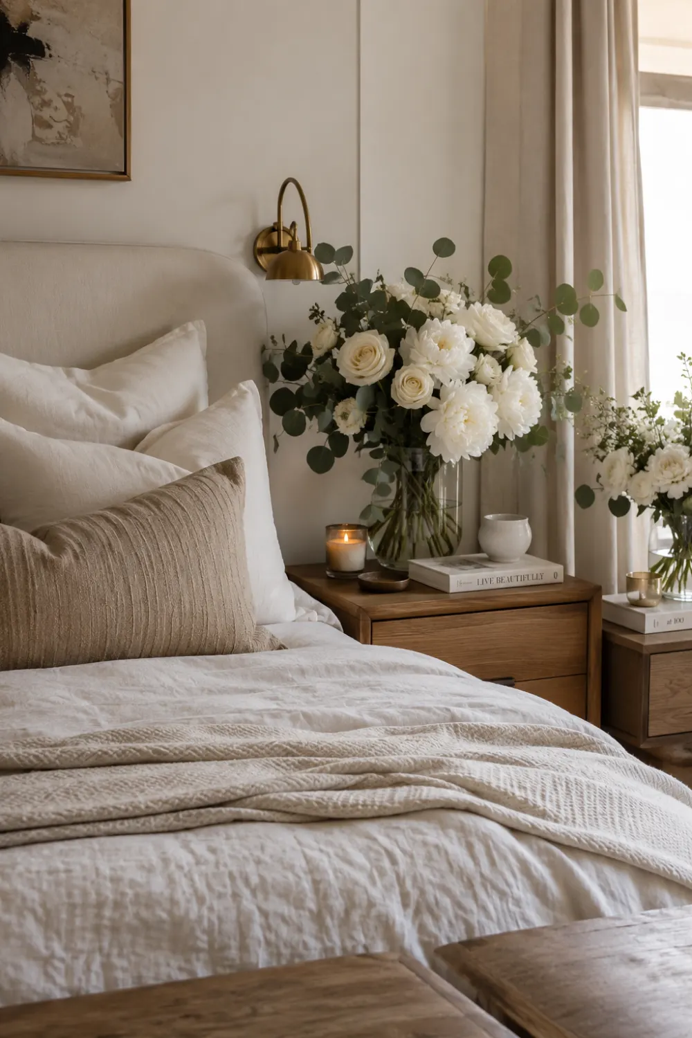 Elegant bedroom nightstand styling with fresh white roses, dahlias, eucalyptus, candles, books, and soft neutral bedding creating a calm and luxurious bedroom atmosphere.
