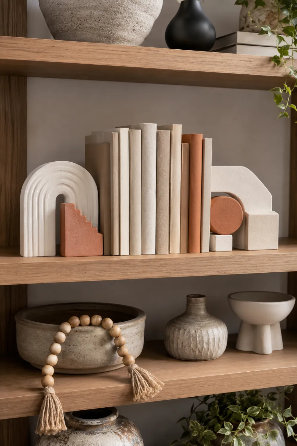 Modern sculptural clay bookends in abstract geometric and arch shapes supporting decorative books on wooden shelving surrounded by ceramics, greenery, and neutral home accessories.