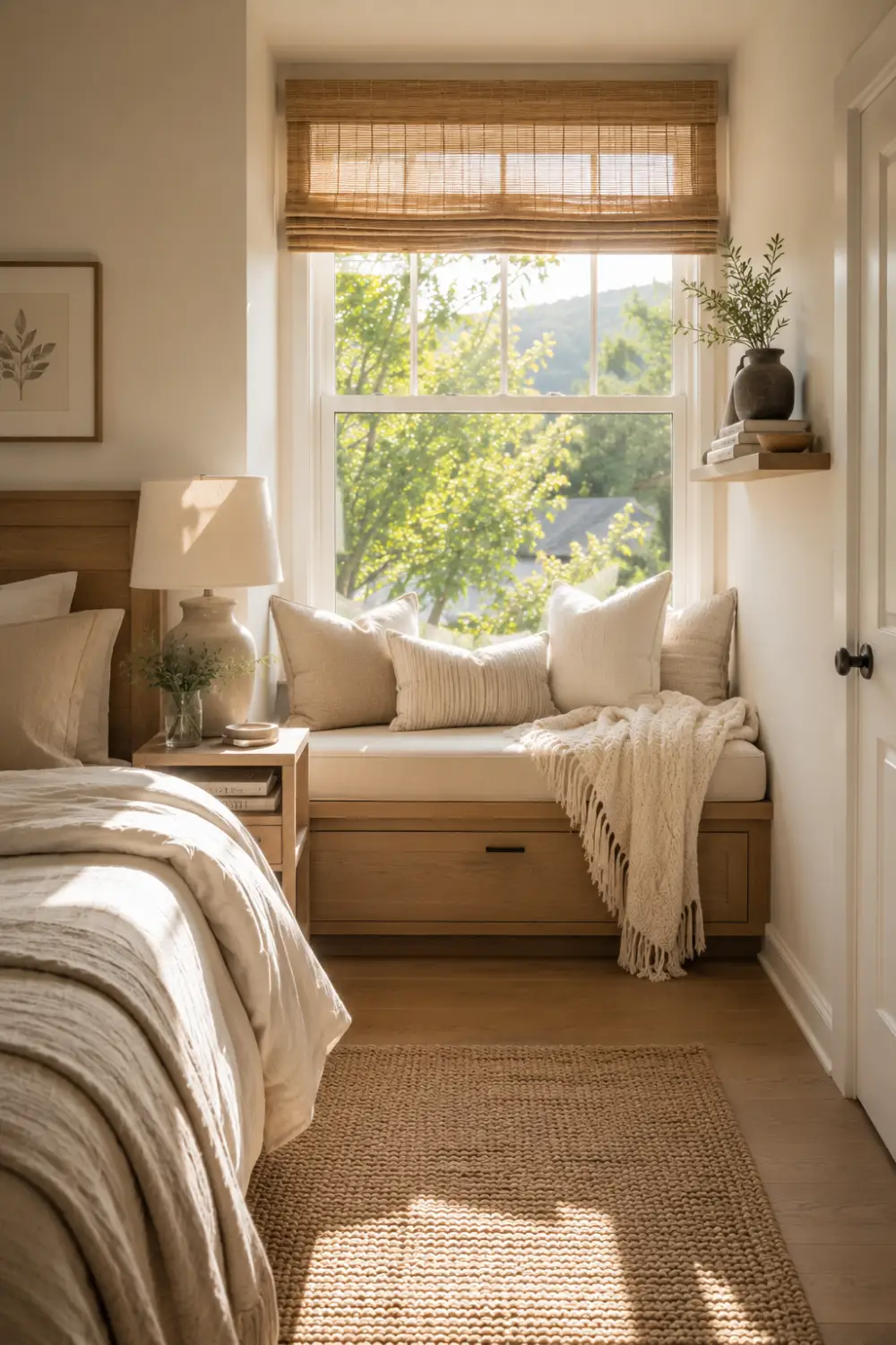 Small bedroom window seat with hidden storage drawer, cream cushions, neutral throw pillows, soft knit blanket, woven shades, and bright morning sunlight. Cozy bedroom retreat designed for relaxation, reading, and maximizing small spaces.