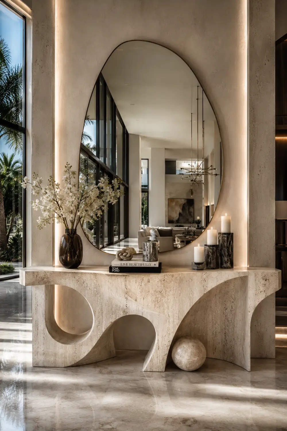 Sculptural stone console table with artistic curved details, oversized mirror, candles, floral arrangement, designer books, and luxury modern decor in a high end entryway.