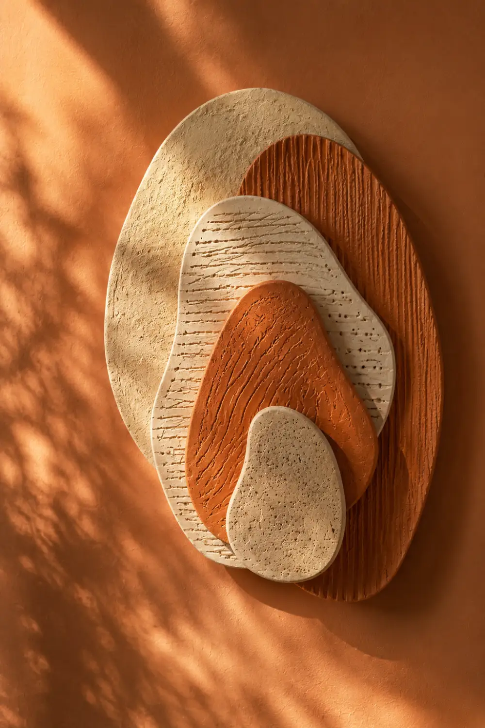 Abstract clay wall art featuring layered organic shapes and textured ceramic surfaces in earthy neutral tones. Modern handmade pottery wall decor for living rooms, entryways, minimalist interiors, and contemporary home styling.