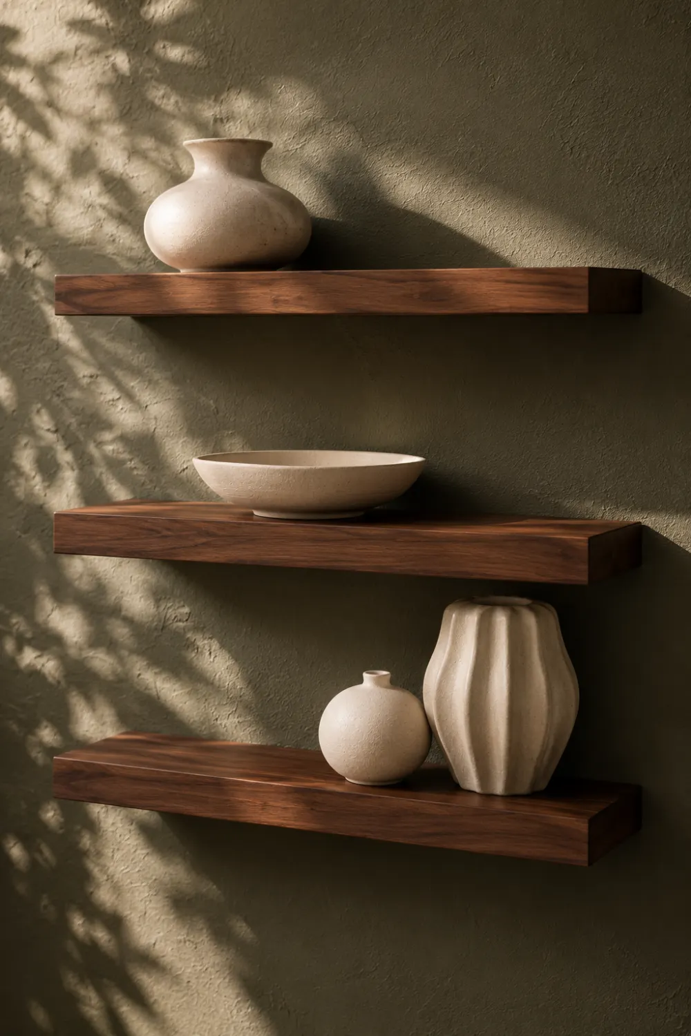 Floating walnut wall shelves styled with ceramic vases and decorative bowls against a textured wall in a modern luxury home interior
