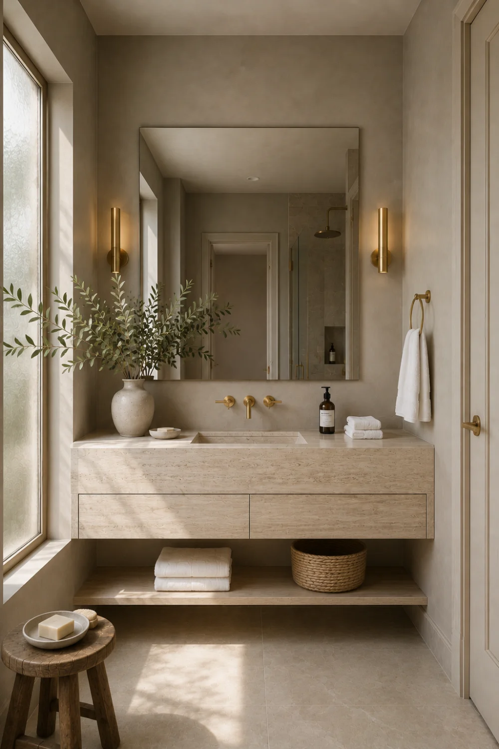 Soft mushroom bathroom paint color with stone vanity, gold fixtures, neutral decor, natural textures, and elegant small bathroom makeover