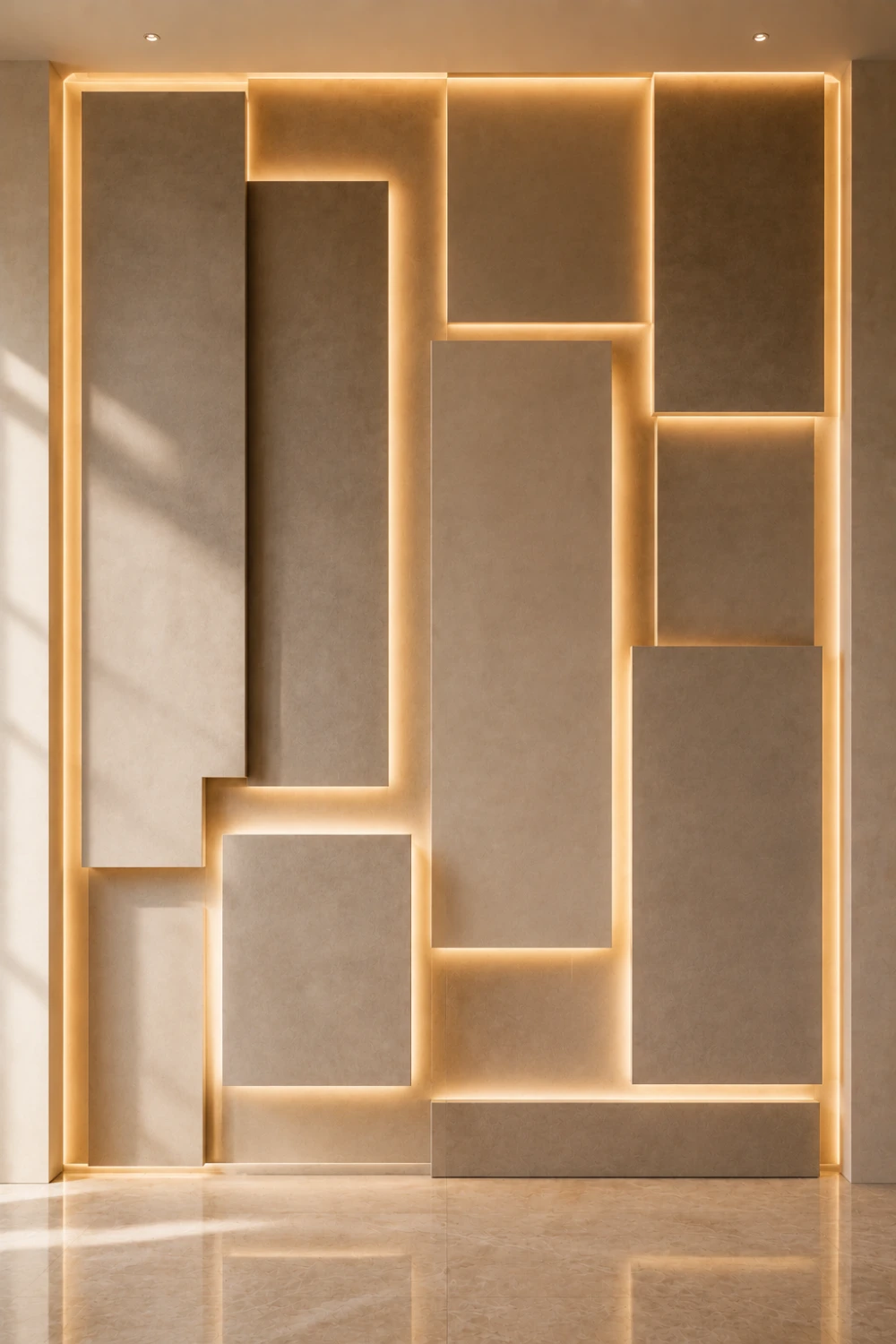 Modern floating panel accent wall with oversized geometric panels and hidden LED lighting, luxury architectural wall feature, contemporary interior design, minimalist designer home inspiration.