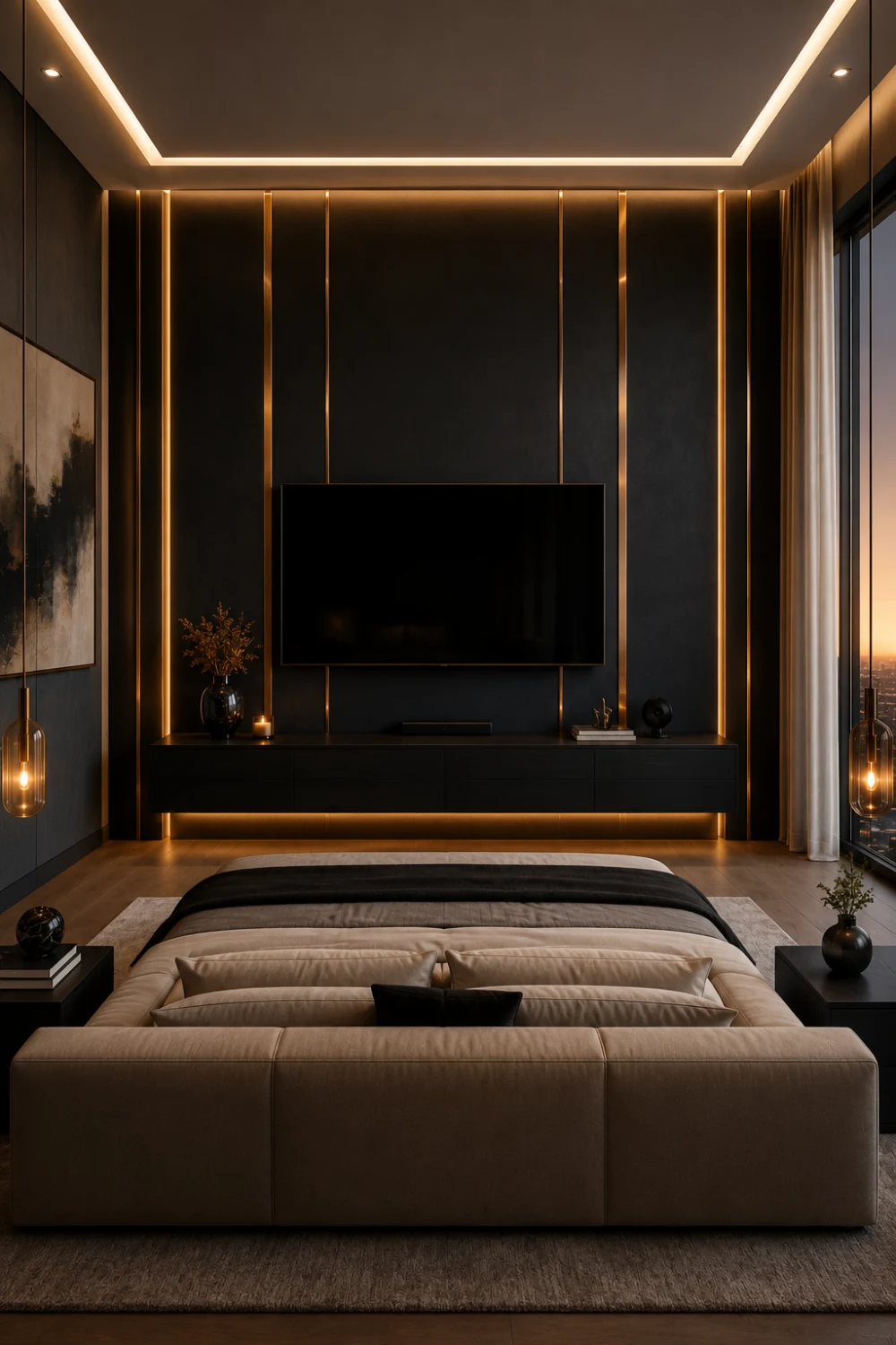 Black and bronze luxury bedroom TV wall featuring metallic accents, floating media console, ambient LED lighting, modern bedroom decor, designer feature wall, upscale interior design, and luxury bedroom inspiration.