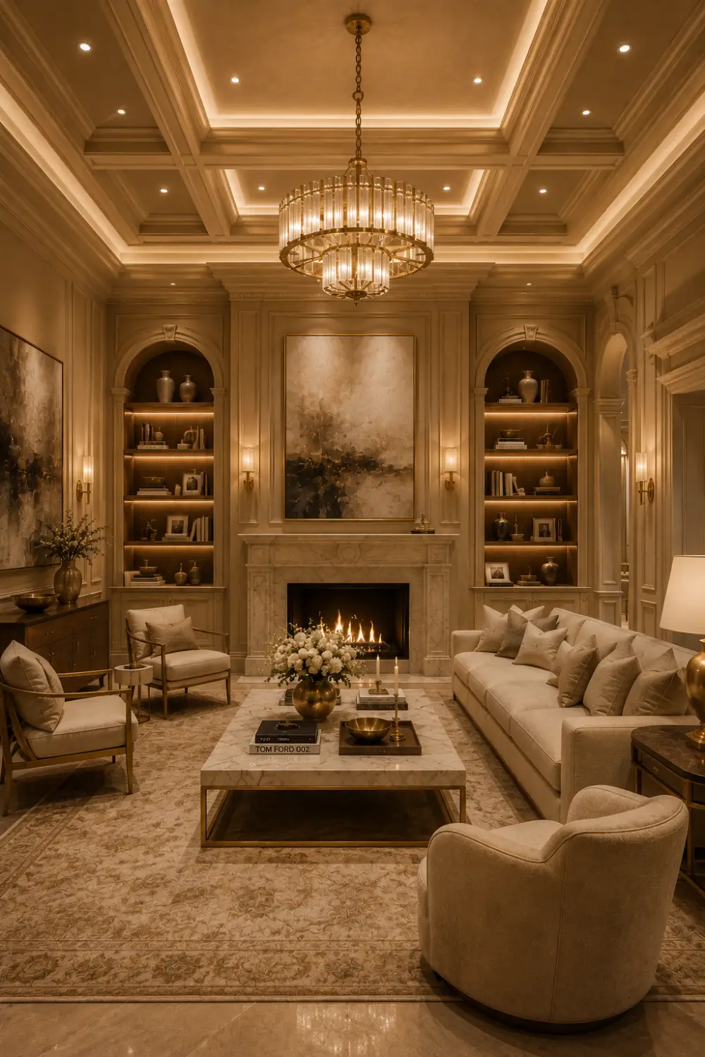 Antique Gold Beige living room with coffered ceiling, crystal chandelier, marble fireplace, neutral furniture, custom shelving, elegant lighting, and luxury traditional interior design.