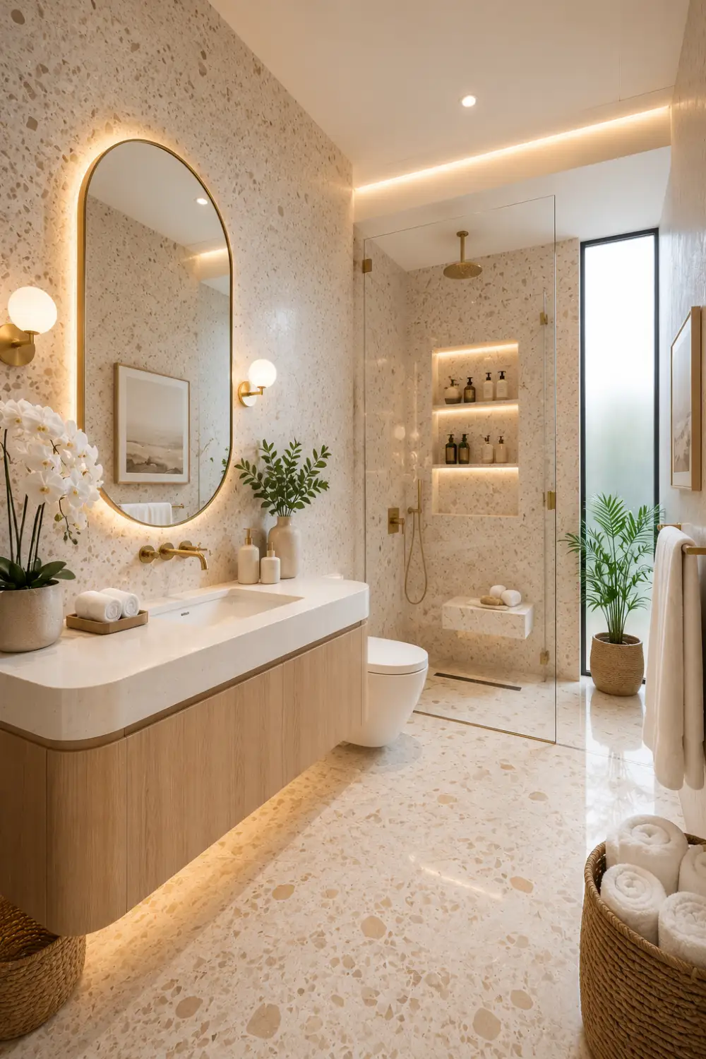 Luxury terrazzo small bathroom featuring seamless ivory terrazzo walls and flooring, floating light oak vanity with a white quartz countertop, oversized arched LED mirror, brushed brass fixtures, frameless glass shower, illuminated shower niches, fresh orchids, indoor greenery, woven baskets, and elegant spa inspired bathroom styling.