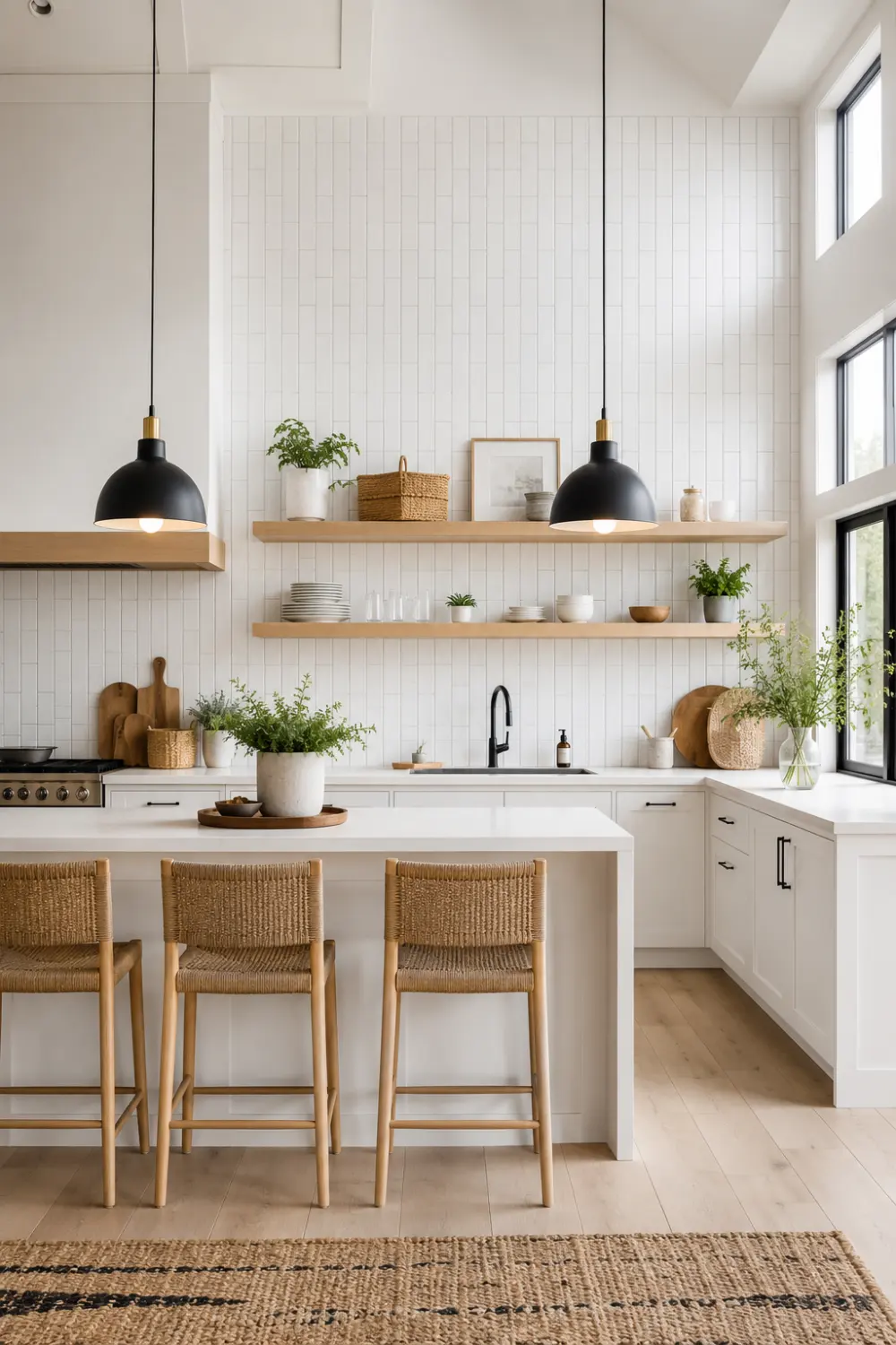 Modern vertical stacked white tile kitchen backsplash with sleek ceramic tiles, white shaker cabinets, light oak floating shelves, quartz countertops, matte black fixtures, stylish pendant lights, woven bar stools, and bright natural lighting. This contemporary kitchen showcases clean lines, timeless finishes, and a spacious designer layout perfect for modern home inspiration.