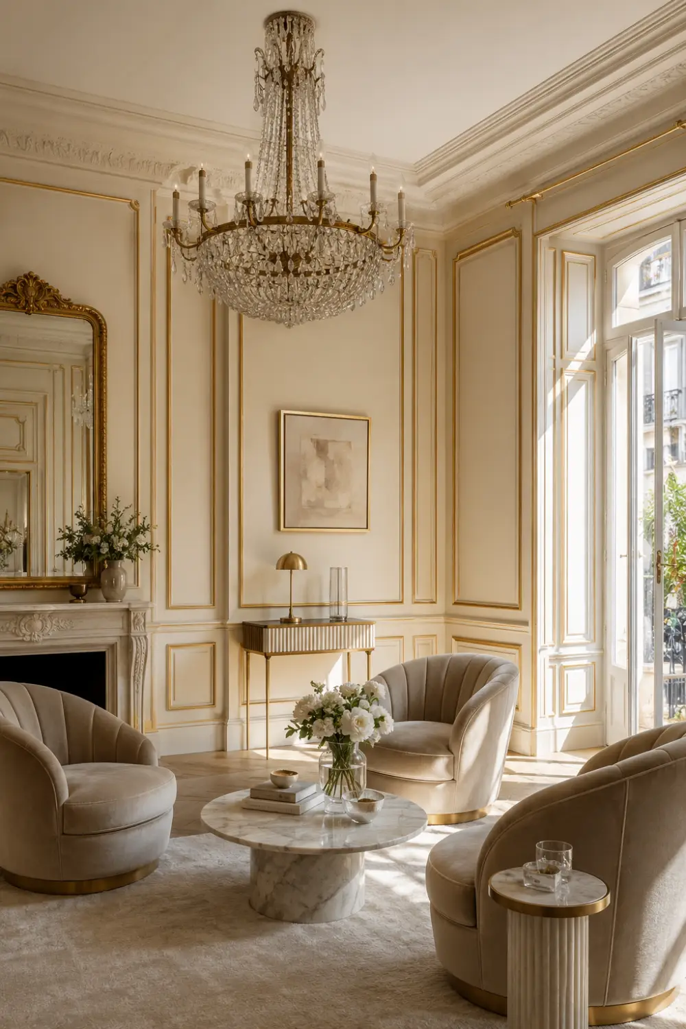 Luxe picture frame molding in an elegant sitting room featuring decorative wall frames, crystal chandelier, marble furniture, gold accents, neutral palette, and sophisticated luxury interior design.