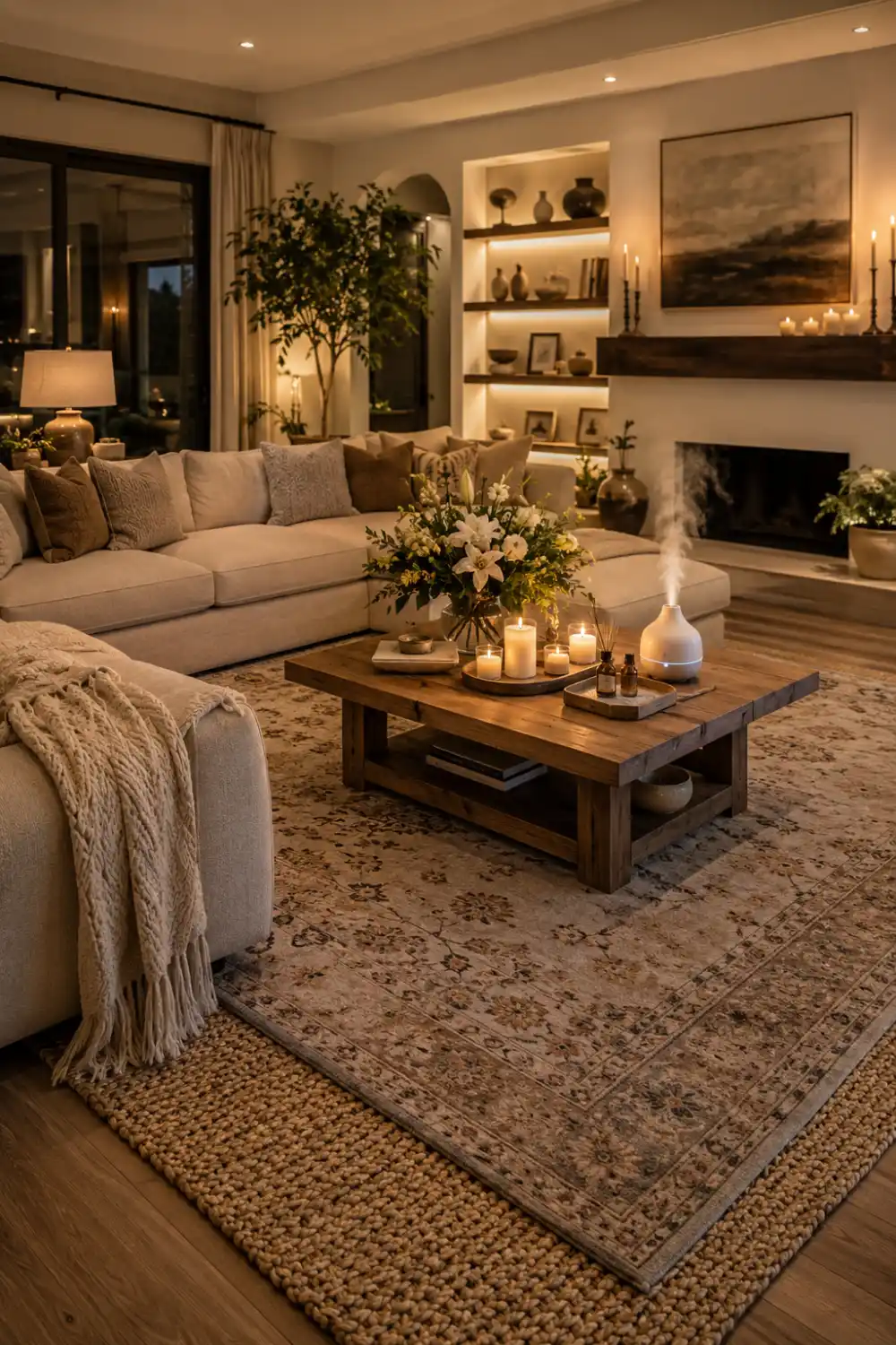 Cozy living room decorated with scented candles, essential oil diffuser, fresh flowers, warm lighting, soft furnishings, fireplace, and relaxing decor designed to create a welcoming atmosphere.