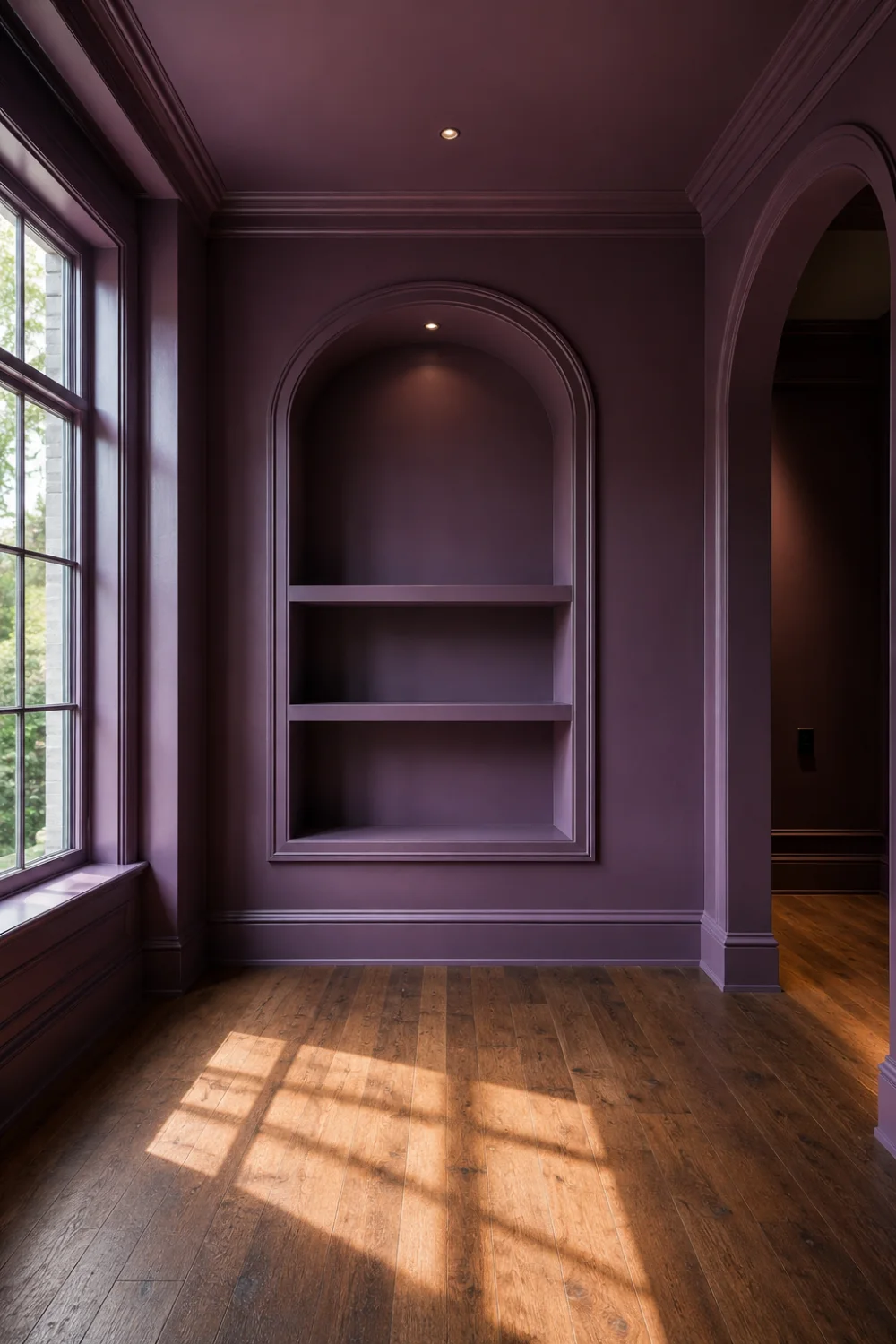 Luxury plum bathroom featuring rich purple walls, arched built-in niche shelving, warm wood flooring, natural sunlight, elegant molding details, and boutique hotel-inspired interior design.