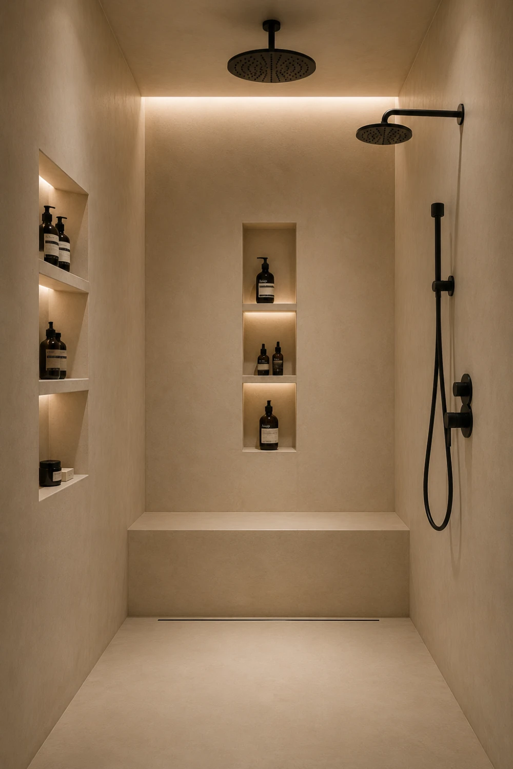 Minimalist microcement walk-in shower with matte black fixtures, seamless walls, built-in bench, illuminated niches, and modern bathroom design.