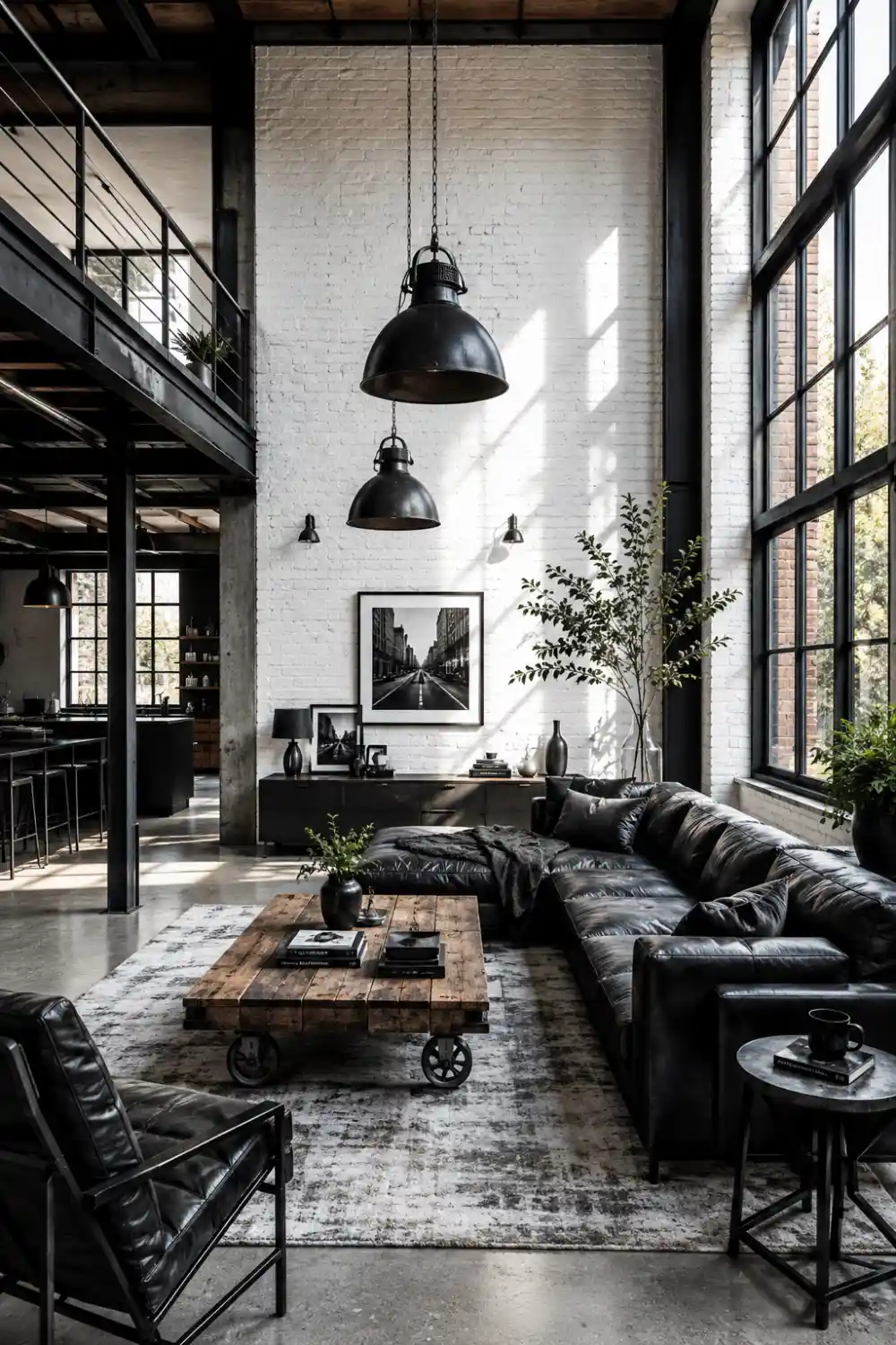 Industrial black and white living room with exposed brick walls, leather sofa, steel beams, wood coffee table, and factory-style lighting.