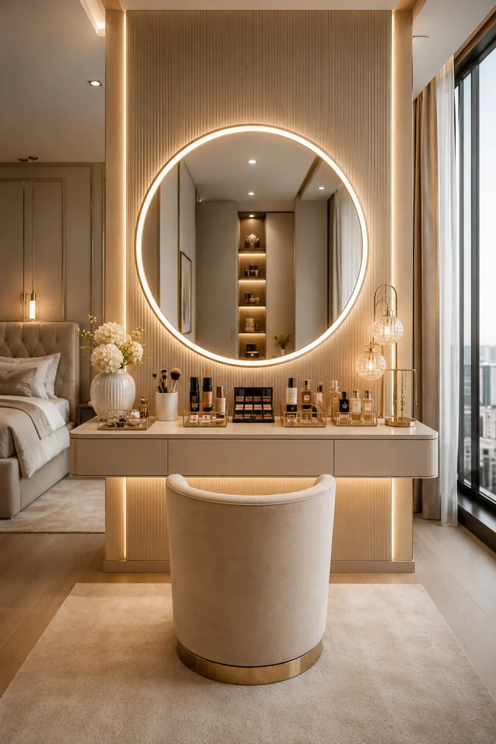 Floating minimalist dressing table with circular LED mirror, wall-mounted vanity, luxury beauty products, perfume display, upholstered chair, and modern bedroom with elegant neutral color palette