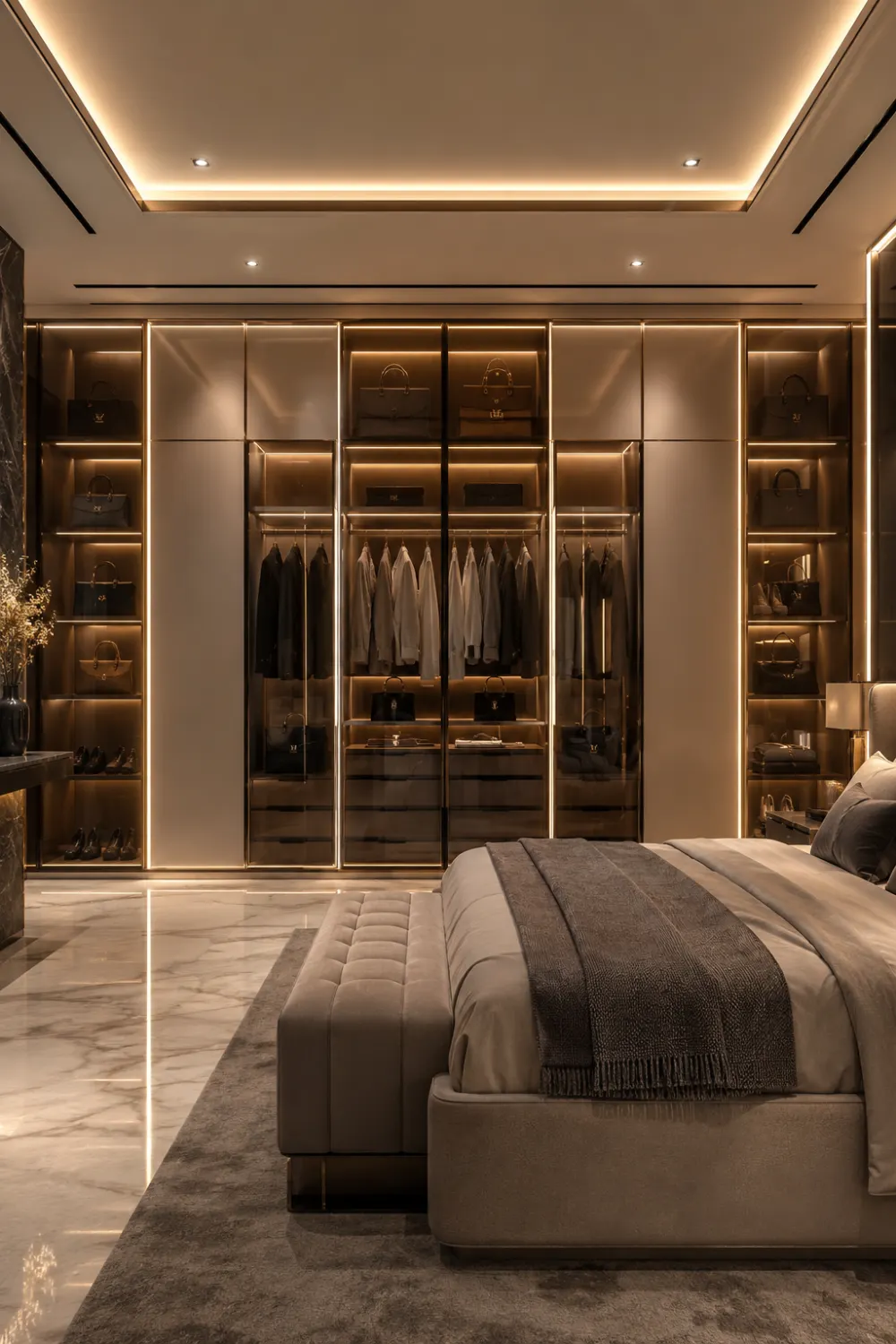 LED feature wardrobe with illuminated shelving, glass display compartments, luxury storage sections, marble flooring, and a contemporary bedroom design.