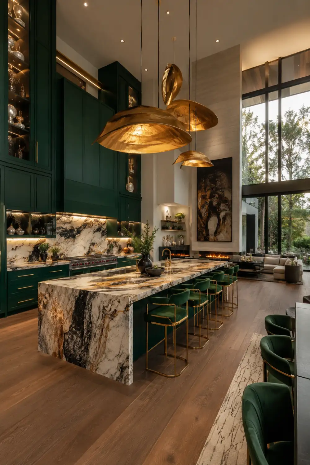 Luxury emerald green open kitchen featuring oversized statement pendant lighting, dramatic marble waterfall island, gold accents, soaring ceilings, floor-to-ceiling windows, designer seating, and premium modern finishes throughout the space.