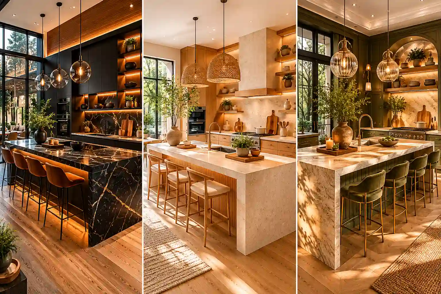 Luxury modern open kitchen designs collage featuring three high-end open concept kitchen designs with waterfall islands, statement pendant lighting, marble countertops, custom cabinetry, warm wood flooring, ambient LED lighting, and elegant contemporary interiors. The image showcases black, natural wood, and dark green kitchen styles arranged in a premium three-panel layout for luxury home design inspiration.