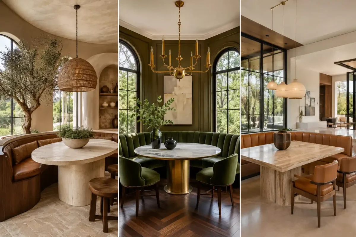 Luxury modern breakfast nook ideas collage featuring three designer dining corners with curved leather banquettes, olive green velvet seating, marble pedestal tables, statement chandeliers, floor-to-ceiling windows, warm walnut finishes, and upscale contemporary home decor. The image showcases organic modern, luxury contemporary, and elegant breakfast nook designs perfect for stylish dining spaces.