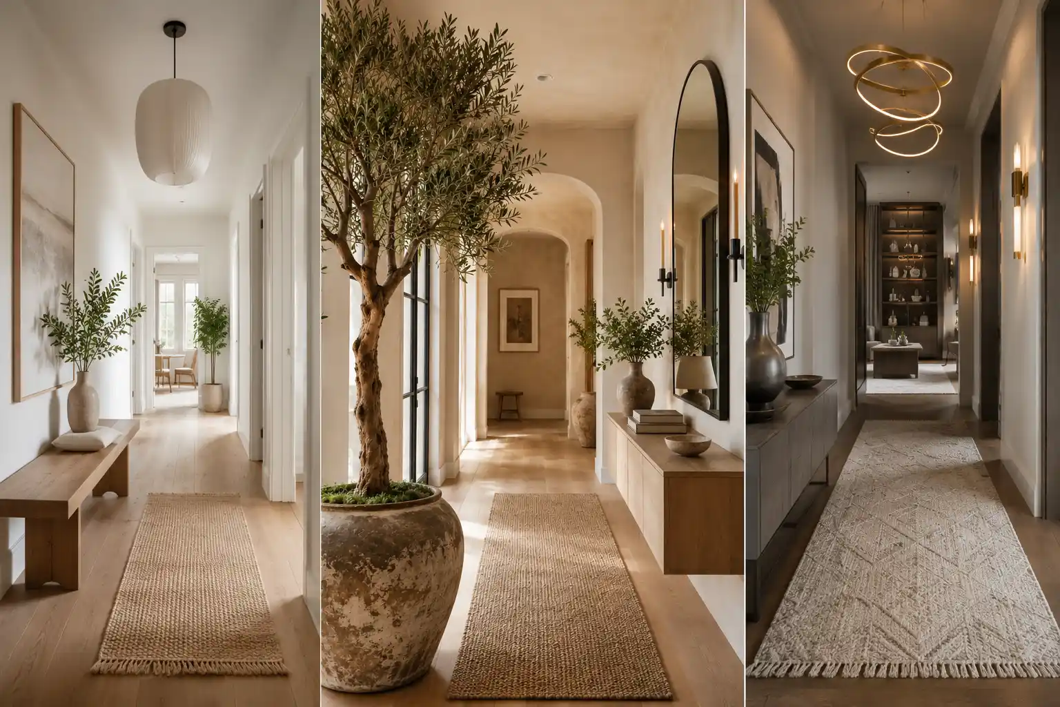 Modern Hallway Ideas collage featuring three designer-inspired hallway interiors with neutral decor, woven runner rugs, oversized mirrors, statement lighting, indoor olive trees, warm beige walls, natural wood accents, and luxury contemporary styling for elegant home entryways.
