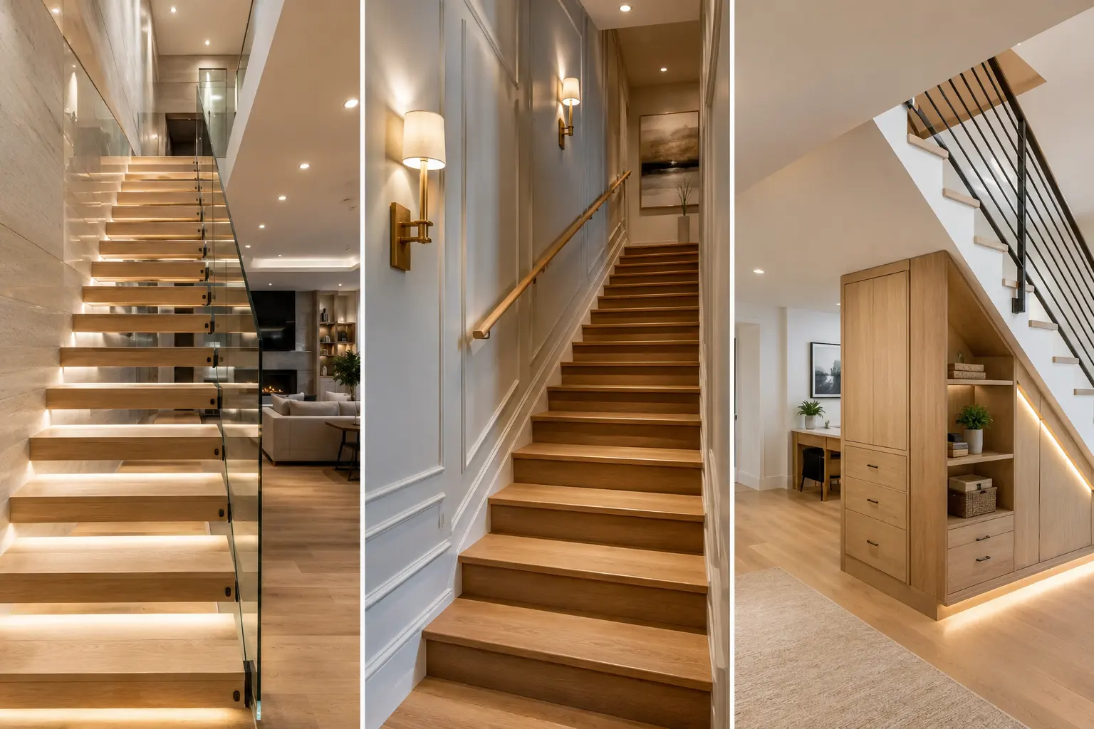 Luxury basement staircase ideas collage featuring modern floating wood stairs with LED lighting, elegant staircase with decorative wall paneling and brass sconces, custom under stair storage cabinets, glass railings, natural oak finishes, and high-end basement renovation inspiration