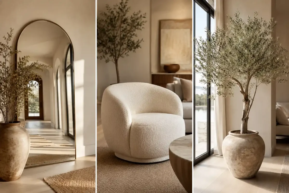 Luxury home decor items featuring three of the most popular 2026 interior design trends including an oversized arched mirror, an ivory boucle curved accent chair, and a large indoor olive tree. Elegant organic modern styling with neutral beige tones, natural textures, warm sunlight, and designer-inspired furnishings creates a sophisticated living space perfect for modern home decorating ideas and luxury interior inspiration.