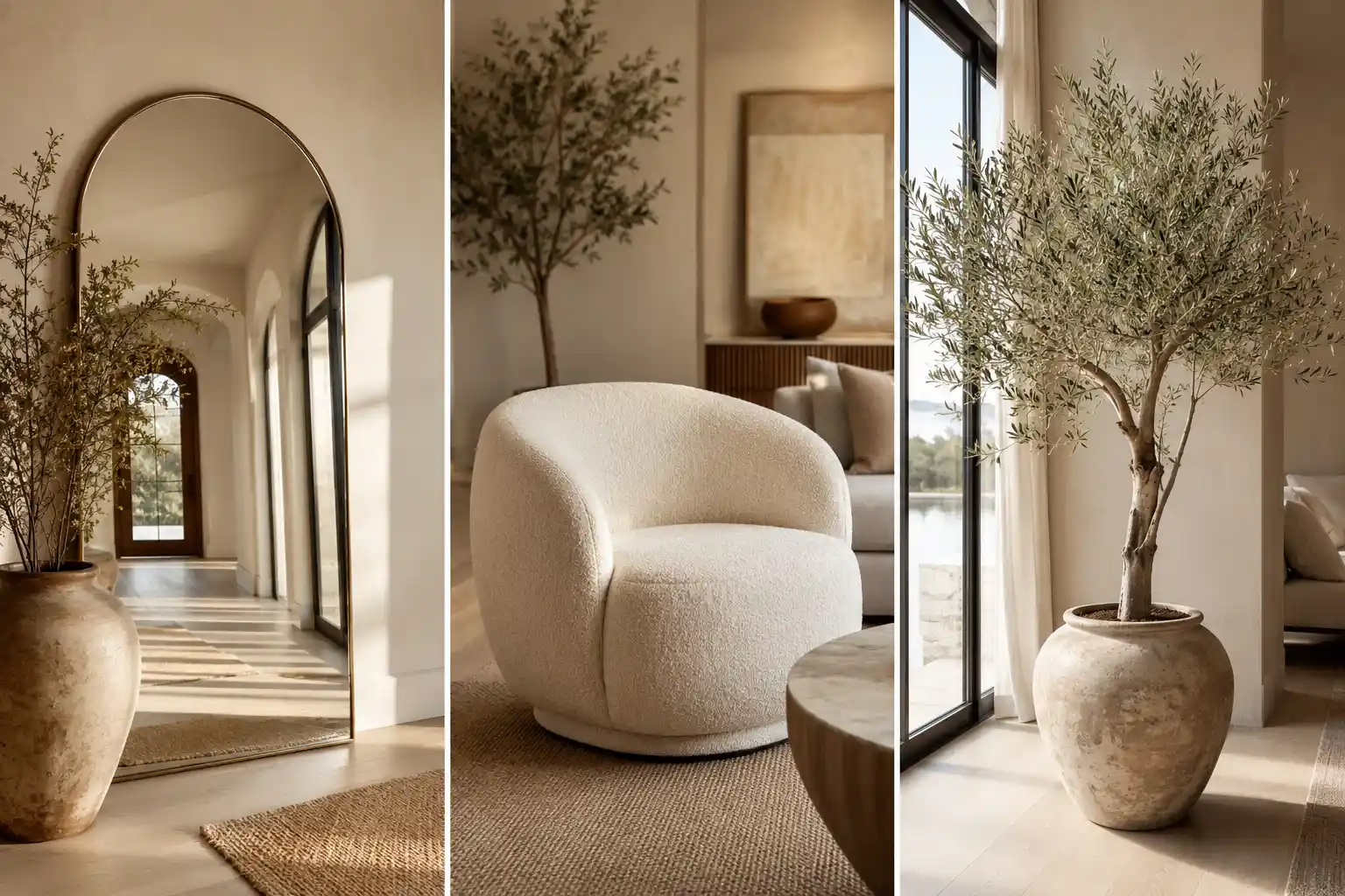Luxury home decor items featuring three of the most popular 2026 interior design trends including an oversized arched mirror, an ivory boucle curved accent chair, and a large indoor olive tree. Elegant organic modern styling with neutral beige tones, natural textures, warm sunlight, and designer-inspired furnishings creates a sophisticated living space perfect for modern home decorating ideas and luxury interior inspiration.