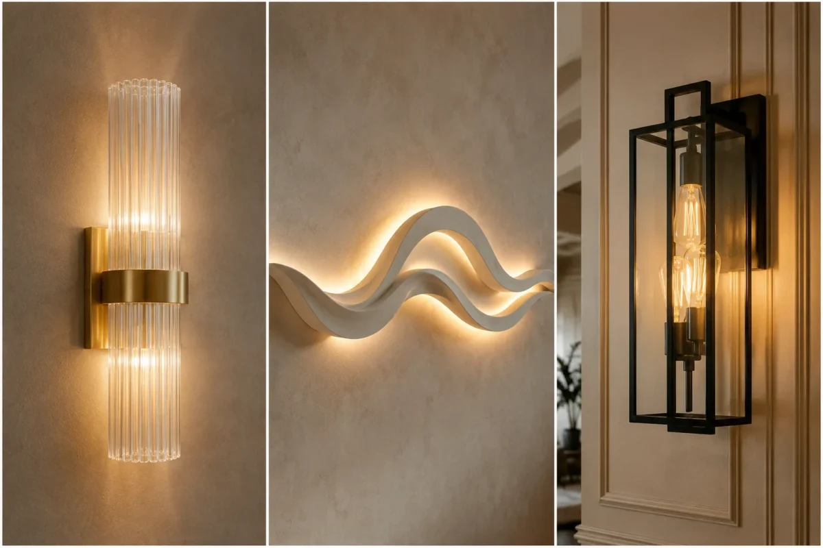 statement wall light fixtures collage featuring a fluted glass brass wall sconce, sculptural wave wall light, and modern black metal lantern sconce mounted on elegant neutral walls, showcasing trending statement lighting ideas for contemporary and luxury home interiors.