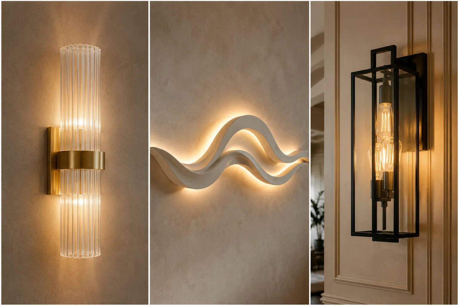 statement wall light fixtures collage featuring a fluted glass brass wall sconce, sculptural wave wall light, and modern black metal lantern sconce mounted on elegant neutral walls, showcasing trending statement lighting ideas for contemporary and luxury home interiors.