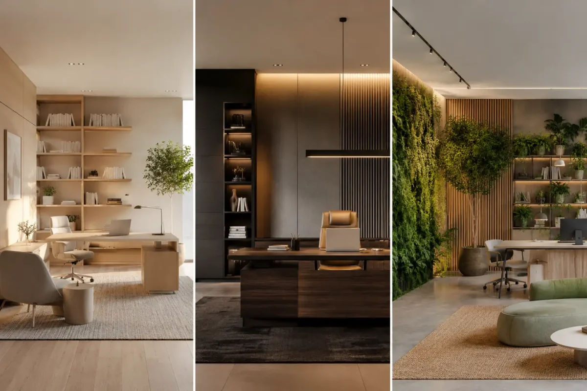 Featured office interior design ideas collage showcasing three modern workspace styles including a bright Scandinavian office, a sophisticated executive office with dark wood finishes, and a biophilic office with a living green wall. The image highlights trending office interior design ideas, modern workspace inspiration, professional office décor, and contemporary office layouts for stylish and productive work environments.