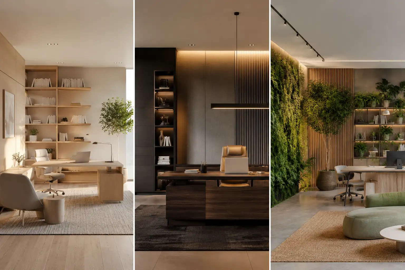 Featured office interior design ideas collage showcasing three modern workspace styles including a bright Scandinavian office, a sophisticated executive office with dark wood finishes, and a biophilic office with a living green wall. The image highlights trending office interior design ideas, modern workspace inspiration, professional office décor, and contemporary office layouts for stylish and productive work environments.