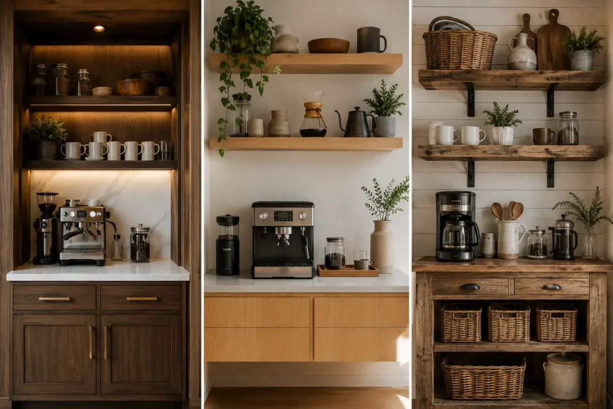 Collage of three small space coffee station ideas featuring a luxury built in coffee bar with custom cabinetry and ambient lighting, a modern floating shelf coffee station with minimalist wood shelving and espresso machine, and a rustic farmhouse coffee station with reclaimed wood shelves, woven baskets, and organized coffee storage designed for stylish and functional homes.