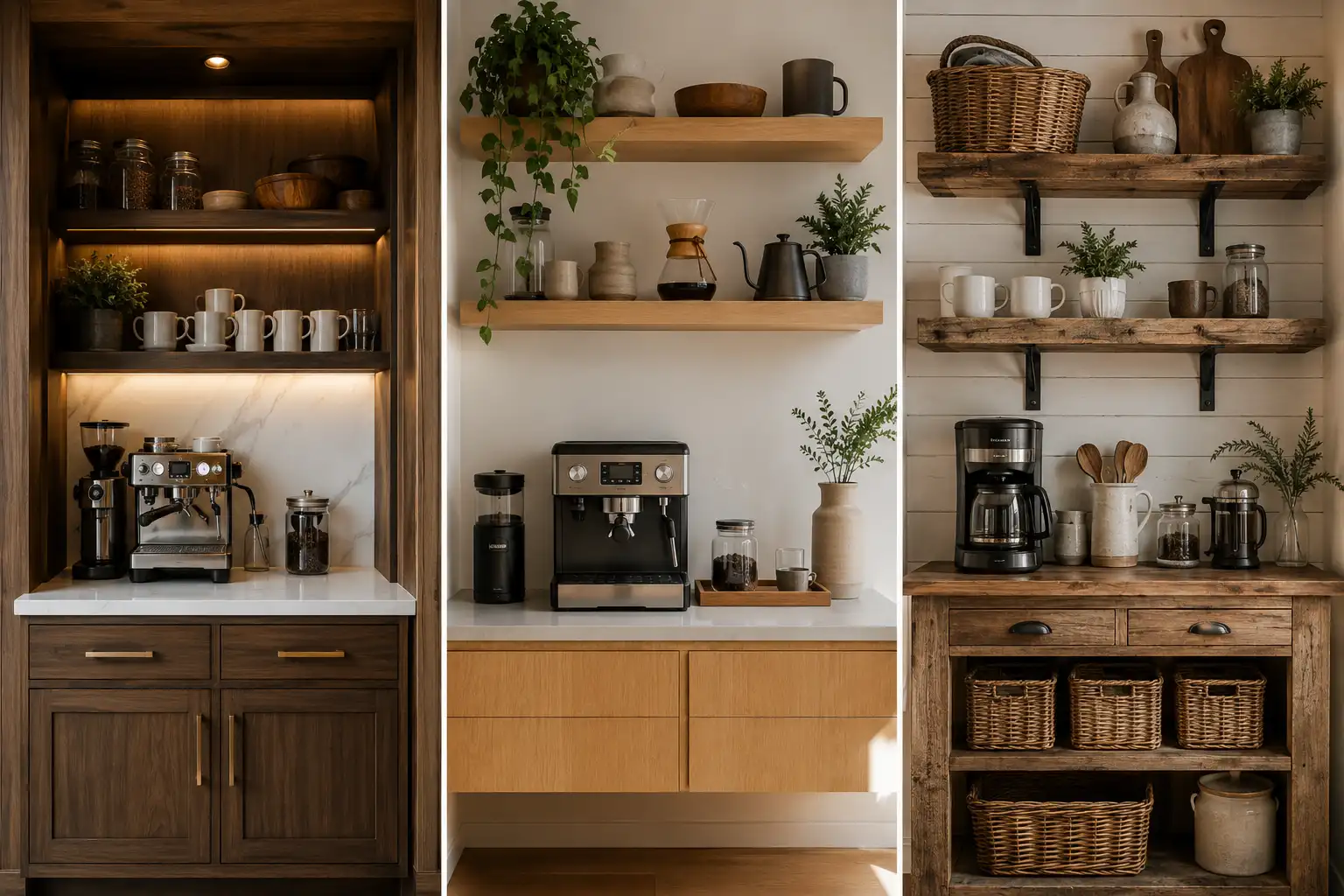 Collage of three small space coffee station ideas featuring a luxury built in coffee bar with custom cabinetry and ambient lighting, a modern floating shelf coffee station with minimalist wood shelving and espresso machine, and a rustic farmhouse coffee station with reclaimed wood shelves, woven baskets, and organized coffee storage designed for stylish and functional homes.