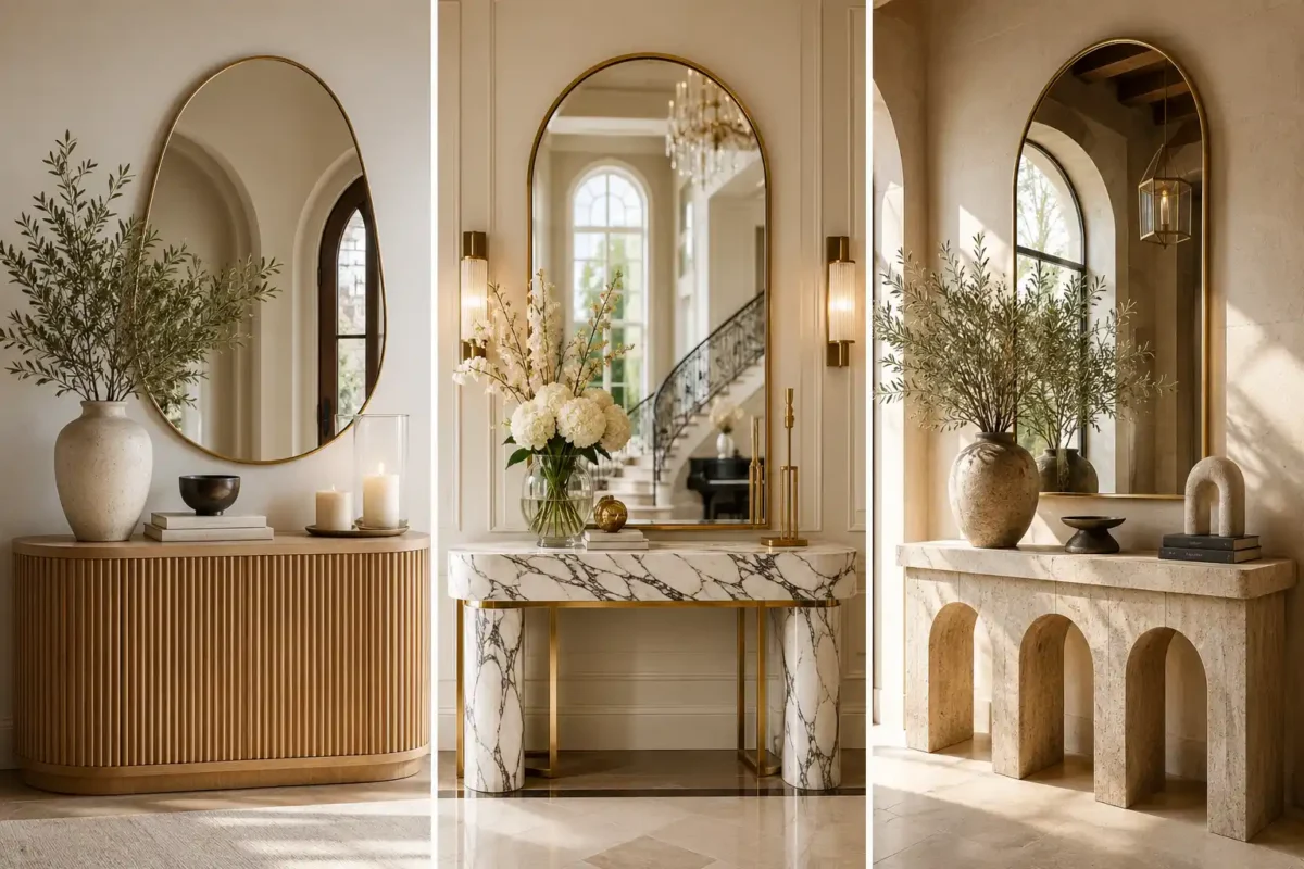 Luxury entryway console table ideas featuring a curved fluted wood console, elegant marble and gold console table, and travertine arch console styled with oversized mirrors, designer decor, fresh greenery, candles, luxury accessories, and warm natural sunlight in high end modern homes.
