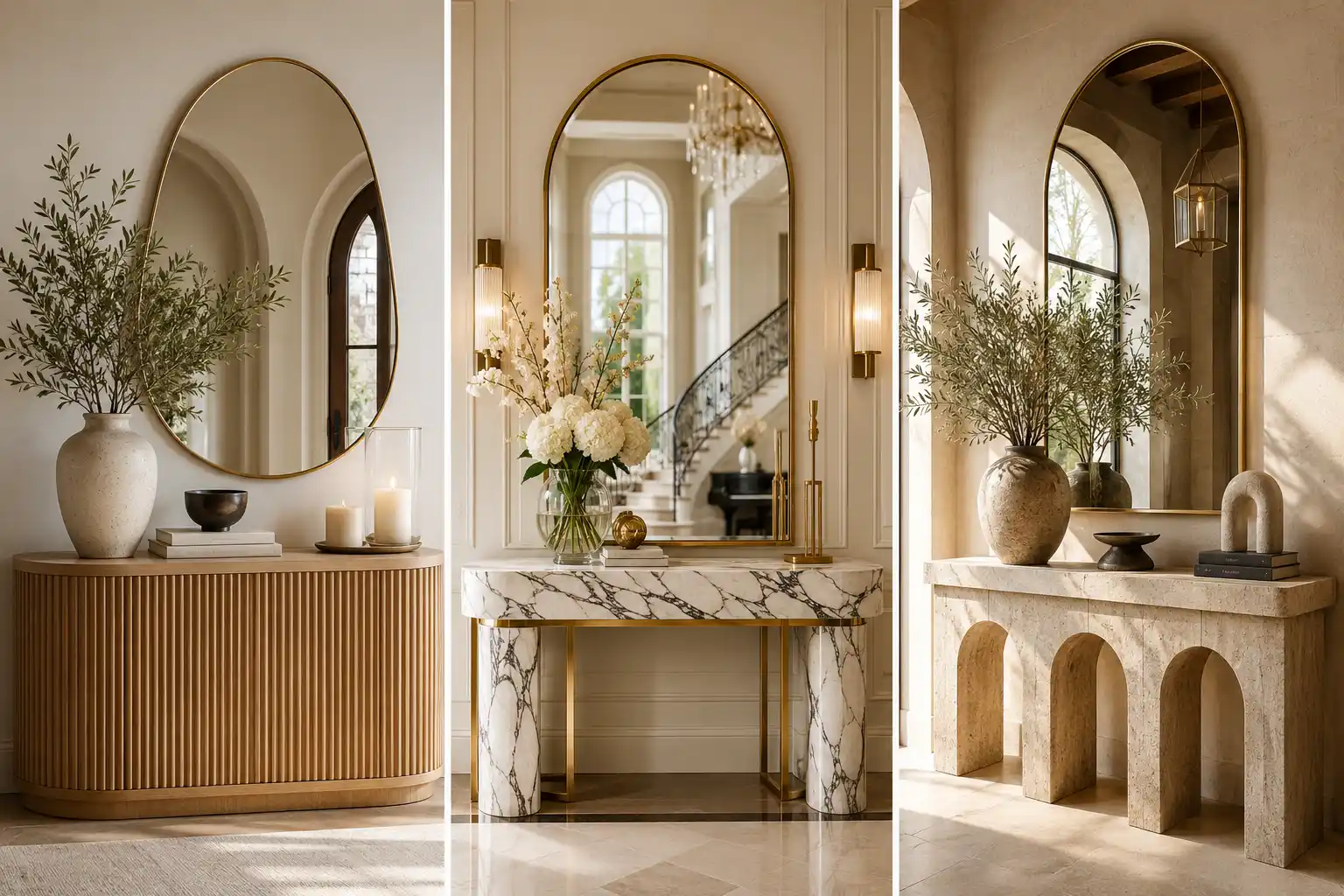 Luxury entryway console table ideas featuring a curved fluted wood console, elegant marble and gold console table, and travertine arch console styled with oversized mirrors, designer decor, fresh greenery, candles, luxury accessories, and warm natural sunlight in high end modern homes.