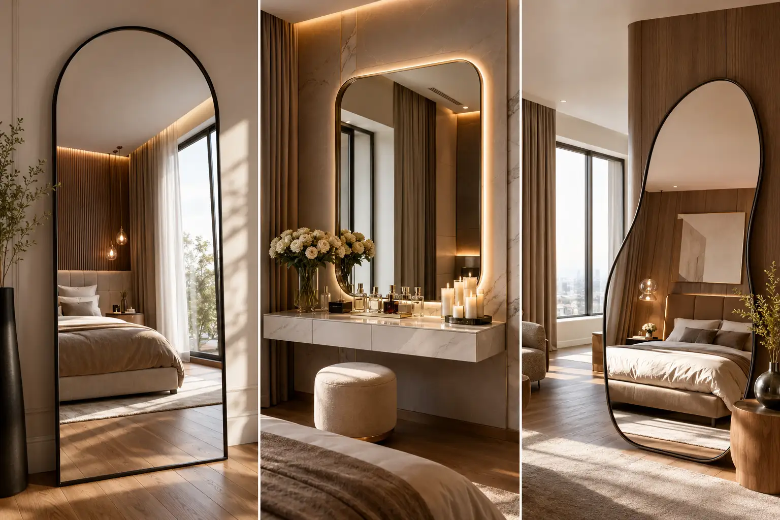 Luxury bedroom mirror ideas collage featuring a full length arched floor mirror, illuminated vanity mirror, and organic shaped statement mirror in modern bedrooms with neutral decor, warm wood accents, natural sunlight, elegant furnishings, cozy textures, and sophisticated contemporary interior design