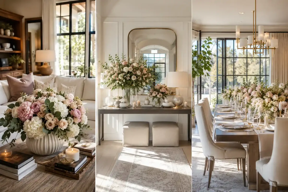 Luxury flower home decor ideas collage featuring a fresh flower coffee table centerpiece, elegant flower filled entryway console table, and sophisticated floral dining table tablescape styled with white hydrangeas, blush roses, peonies, candles, designer decor accessories, and bright natural sunlight inside a modern luxury home.
