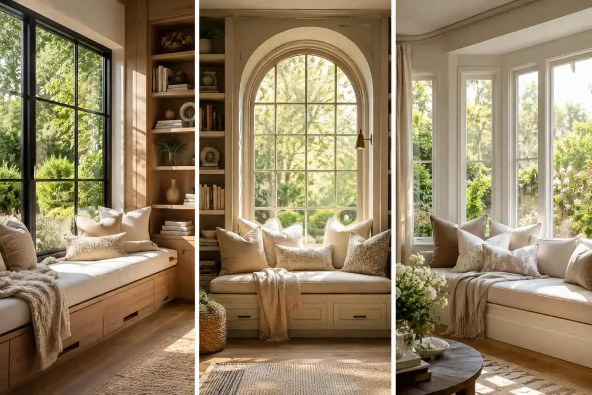Luxury window seat ideas collage featuring three beautiful built in window benches with hidden storage, arched windows, custom shelving, layered neutral pillows, cozy throw blankets, and warm natural sunlight. Elegant organic modern home decor showcasing cozy reading nooks, bay window seating, and stylish window bench inspiration for creating a comfortable and inviting home retreat.
