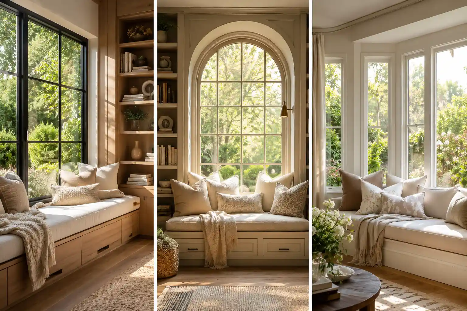 Luxury window seat ideas collage featuring three beautiful built in window benches with hidden storage, arched windows, custom shelving, layered neutral pillows, cozy throw blankets, and warm natural sunlight. Elegant organic modern home decor showcasing cozy reading nooks, bay window seating, and stylish window bench inspiration for creating a comfortable and inviting home retreat.