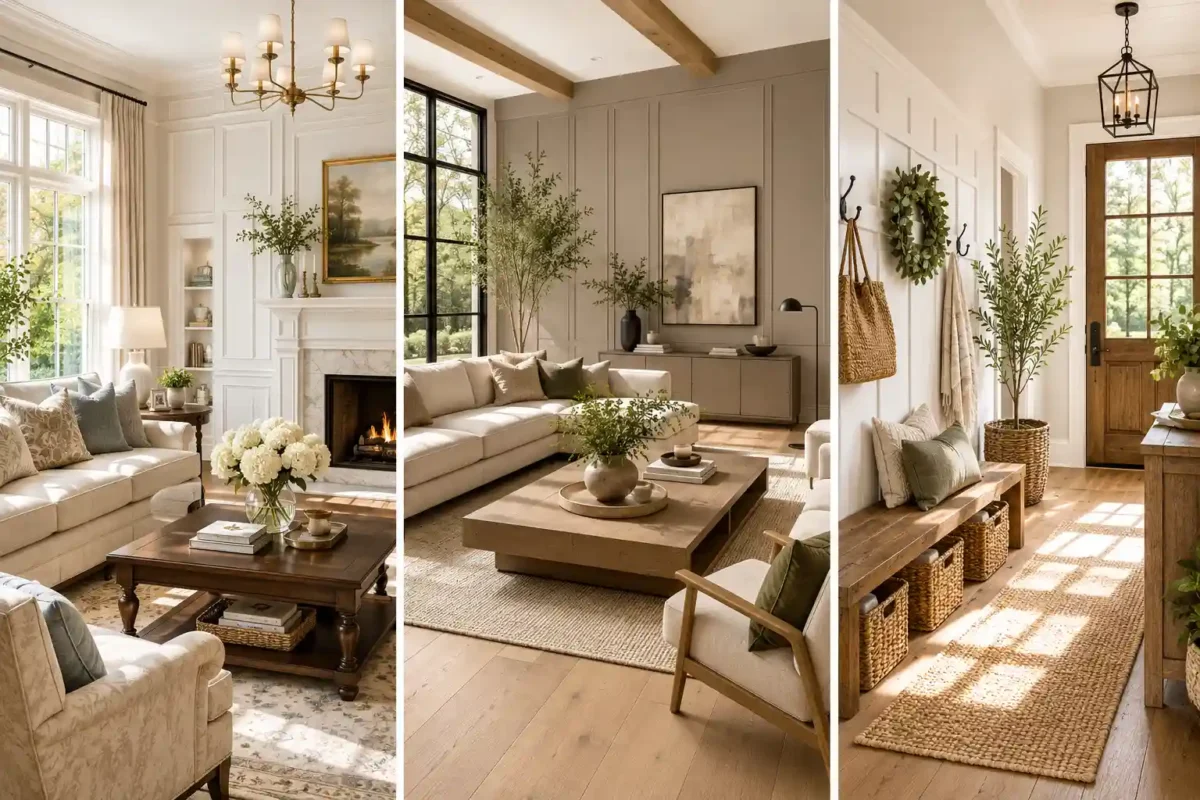 Featured collage showcasing three popular wainscoting ideas styles for classic and modern homes, including raised panel wainscoting in a luxury living room, modern flat panel wall molding in a contemporary space, and board and batten wainscoting in a bright farmhouse entryway. Elegant neutral color palette, natural wood accents, large windows, architectural wall paneling, and high-end interior design inspiration.