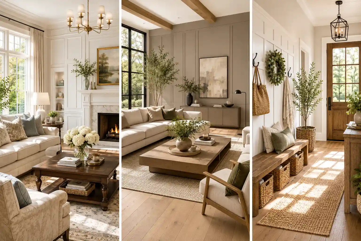 Featured collage showcasing three popular wainscoting ideas styles for classic and modern homes, including raised panel wainscoting in a luxury living room, modern flat panel wall molding in a contemporary space, and board and batten wainscoting in a bright farmhouse entryway. Elegant neutral color palette, natural wood accents, large windows, architectural wall paneling, and high-end interior design inspiration.