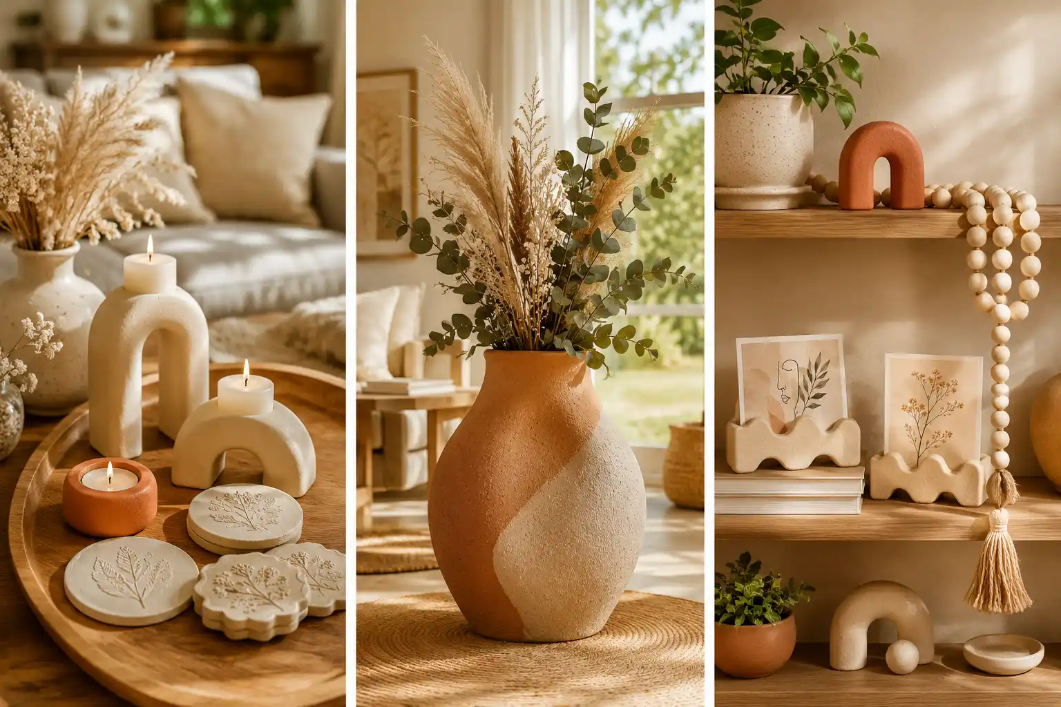 Collage of DIY clay home decor ideas featuring handmade clay candle holders, decorative clay coasters, sculptural clay vase with dried flowers, clay photo holders, clay bead garland, and modern shelf styling in a warm neutral farmhouse-inspired living room with natural sunlight.