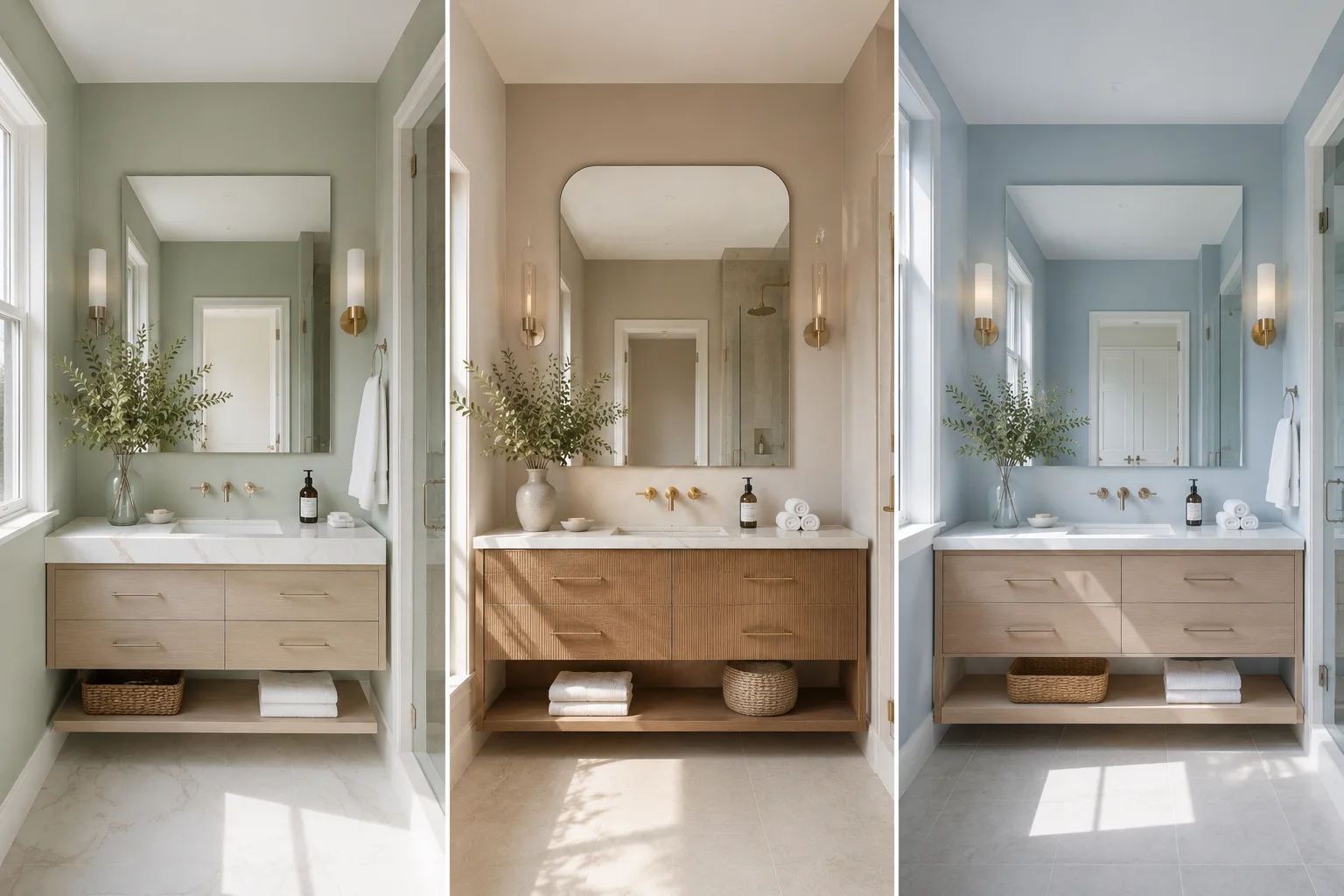 Featured image showcasing three popular bathroom paint colors including soft sage green, warm greige, and misty blue bathrooms with light wood vanities, white countertops, brass fixtures, large mirrors, and modern small bathroom makeover inspiration