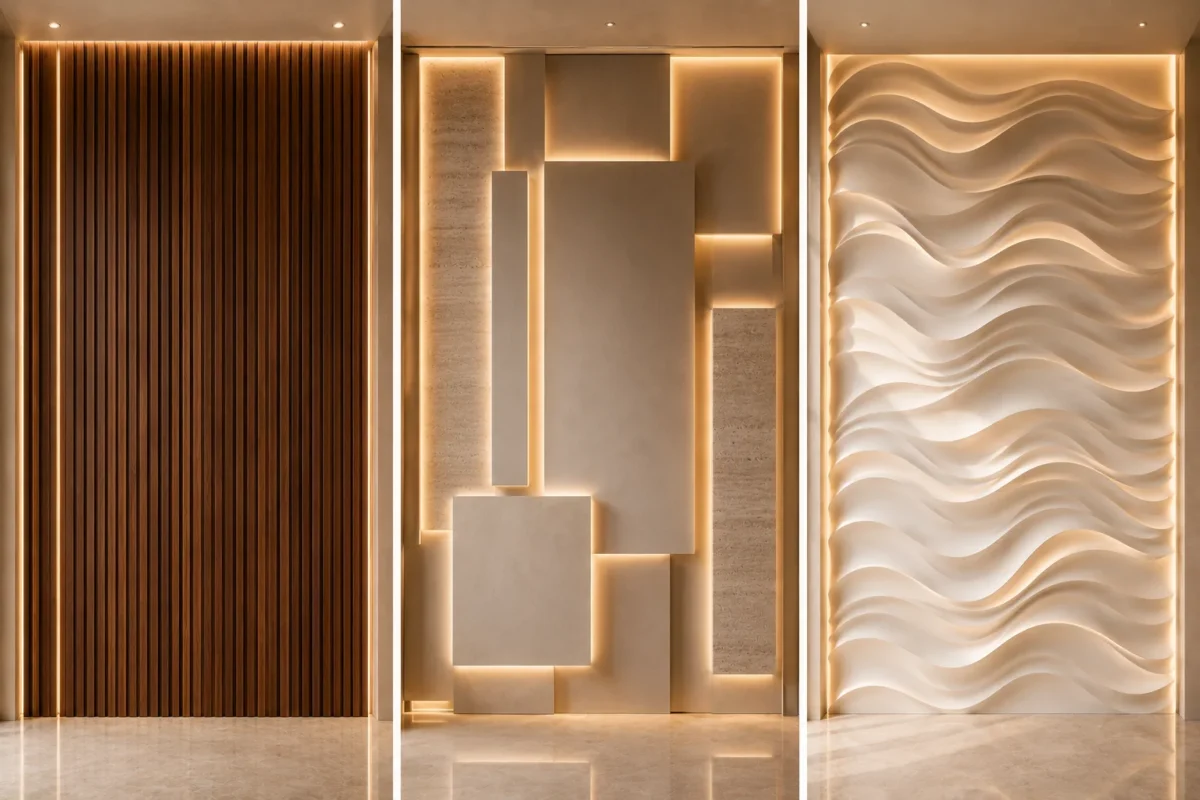 Collage featuring three modern accent wall designs including vertical walnut wood slat panels with LED lighting, layered floating geometric wall panels with warm backlighting, and sculptural wave accent wall design. Luxury contemporary feature walls showcasing architectural wall treatments, designer interior trends, modern home decor inspiration, and upscale accent wall ideas for living rooms, entryways, and luxury homes.