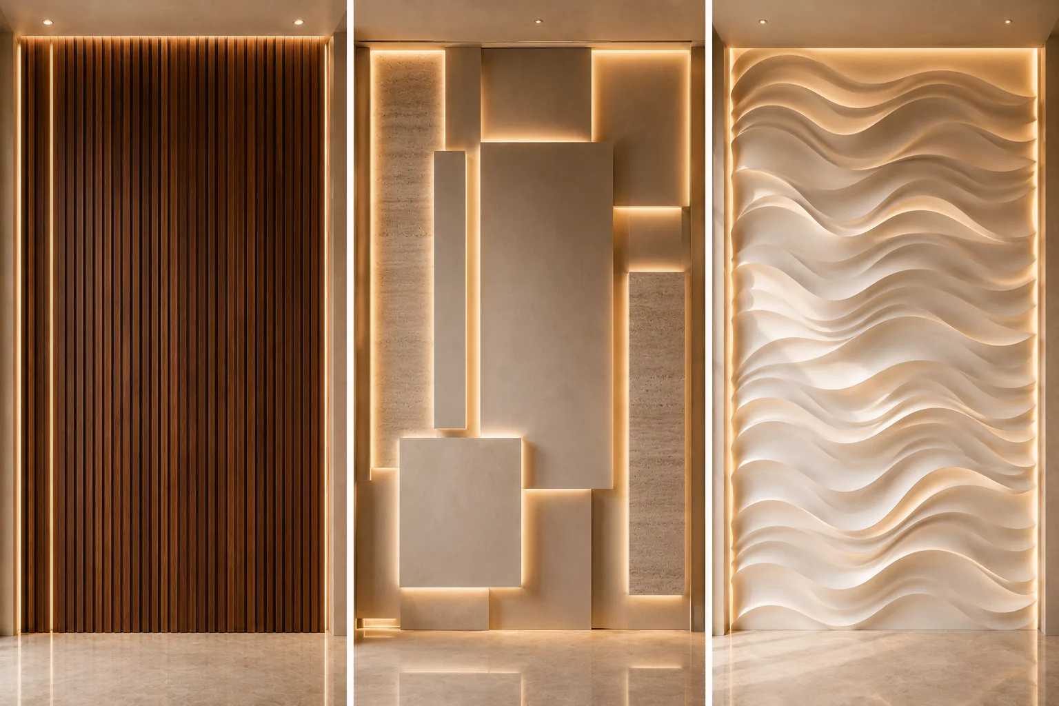 Collage featuring three modern accent wall designs including vertical walnut wood slat panels with LED lighting, layered floating geometric wall panels with warm backlighting, and sculptural wave accent wall design. Luxury contemporary feature walls showcasing architectural wall treatments, designer interior trends, modern home decor inspiration, and upscale accent wall ideas for living rooms, entryways, and luxury homes.