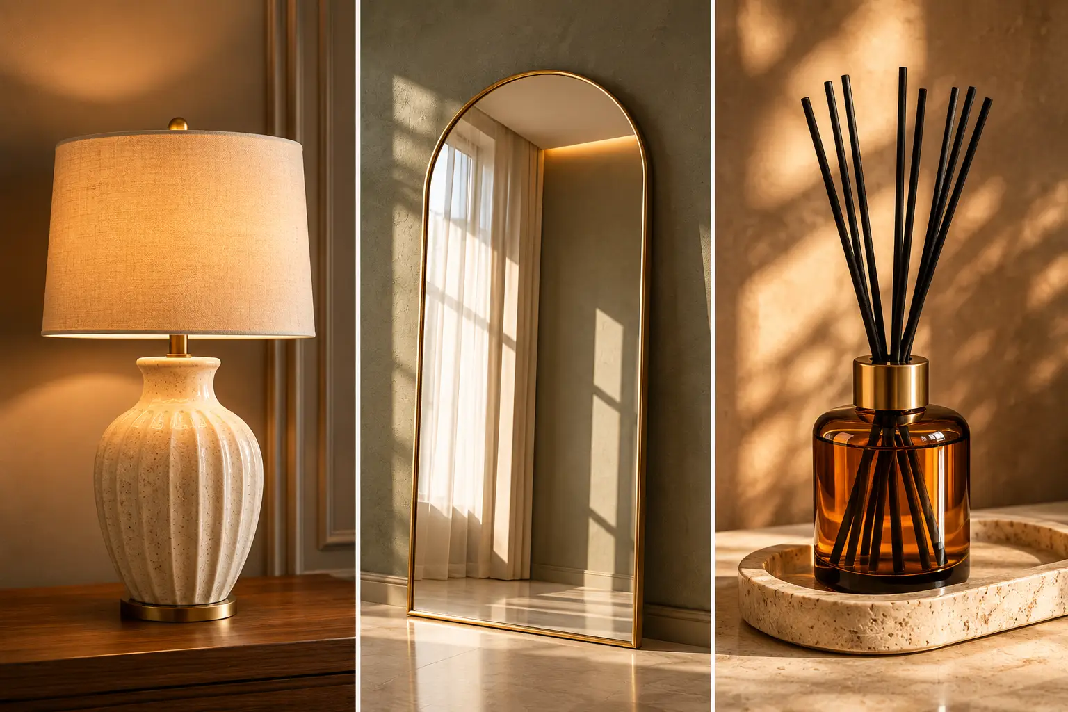 Luxury home decor collage featuring a modern ceramic table lamp, arched gold floor mirror, and amber glass reed diffuser arranged in a premium three panel layout with warm neutral tones and Trendy Home Decor Items