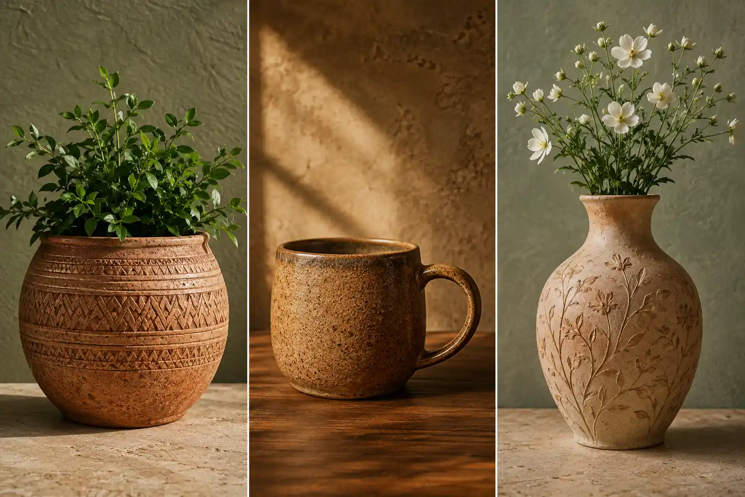 Featured image showcasing three handcrafted clay pottery pieces including a textured terracotta planter with lush greenery, a rustic artisan coffee mug, and an elegant floral carved clay vase. Beautiful pottery decor inspiration for modern home interiors, rustic styling, boho decor, handmade ceramics, and earthy clay pottery ideas.