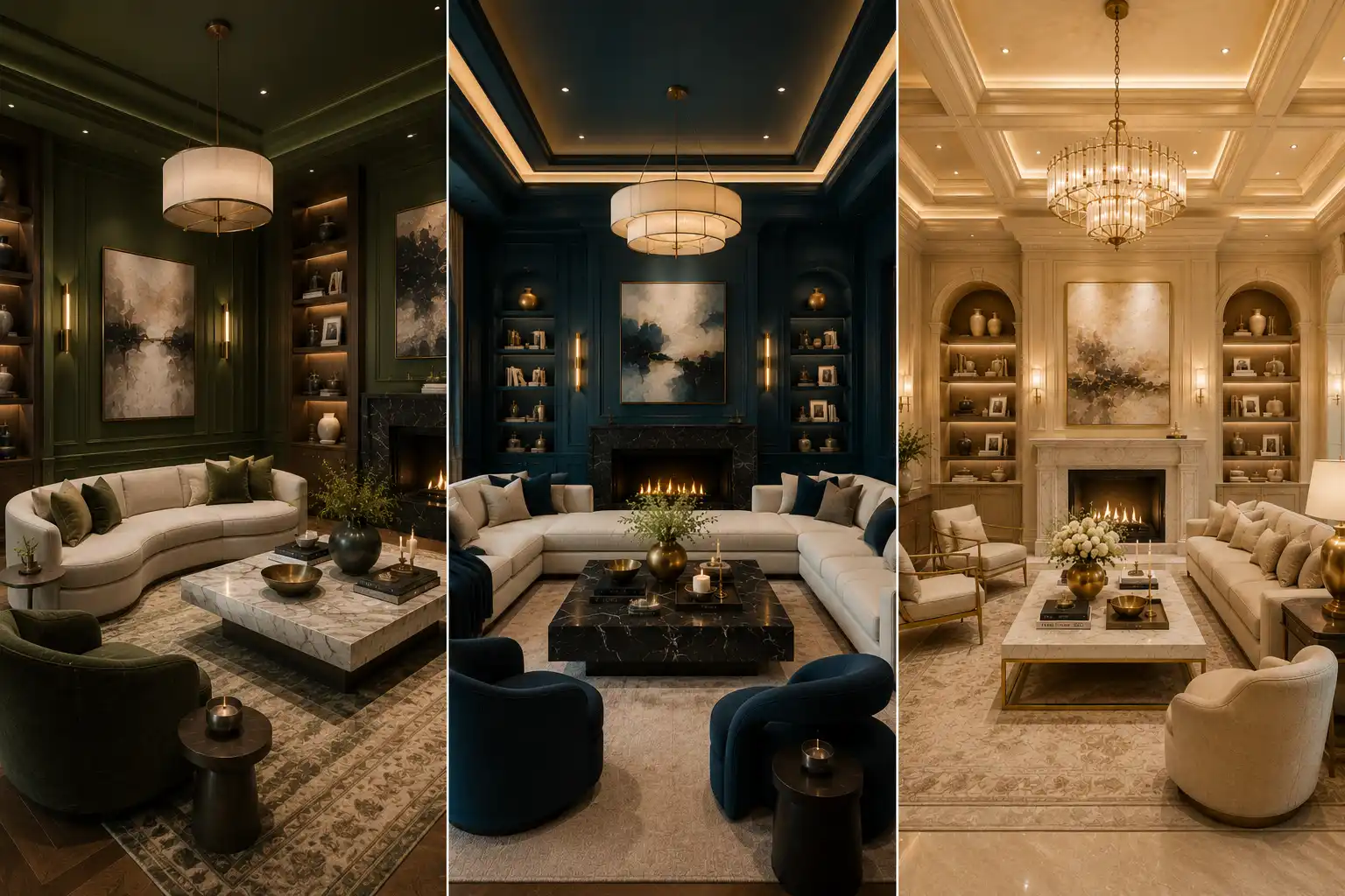 luxury paint color ideas inspiration featuring three elegant designer interiors with statement chandeliers, built in shelving, fireplace focal walls, custom wall paneling, premium furniture, warm ambient lighting, sophisticated decor styling, modern luxury home design, upscale living room ideas, and high end interior design inspiration for beautiful homes.