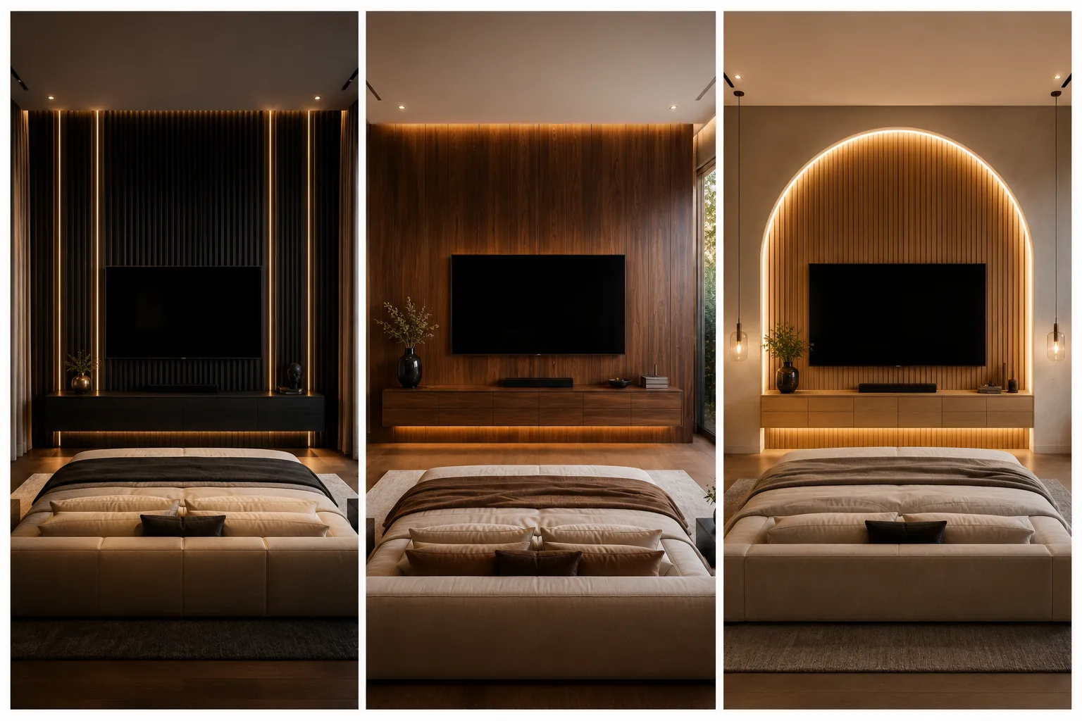 Luxury Bedroom TV Wall Design Ideas collage featuring three modern wooden TV feature walls with integrated LED lighting, fluted wall panels, floating media consoles, arched TV wall design, warm ambient lighting, contemporary bedroom decor, and high end master bedroom interior inspiration.